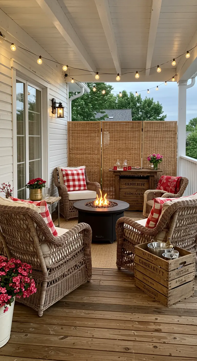 Terrasse en bois avec un foyer central, des fauteuils en rotin, un paravent et un mini-bar en caisse.