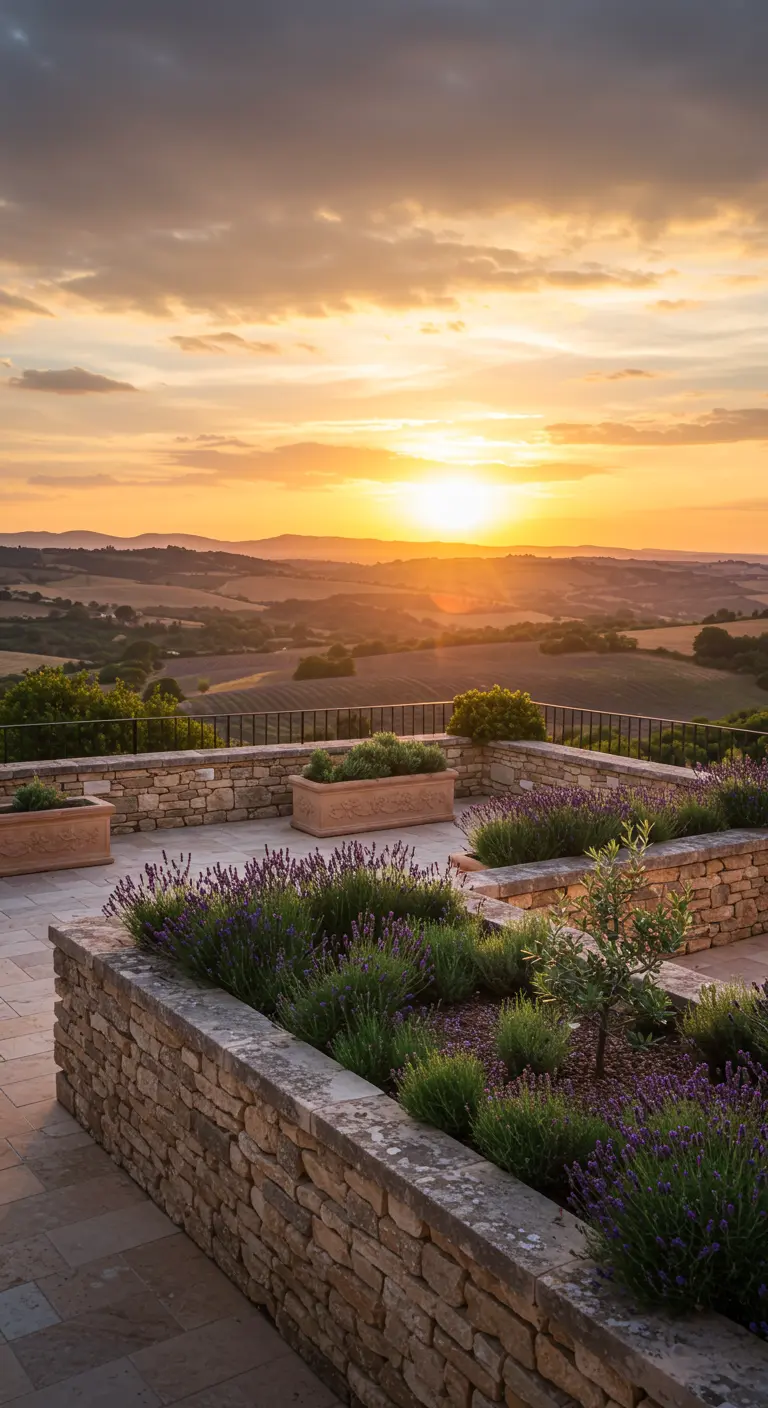 Terrasses en pierre avec massifs de lavande, illuminées par le coucher du soleil.