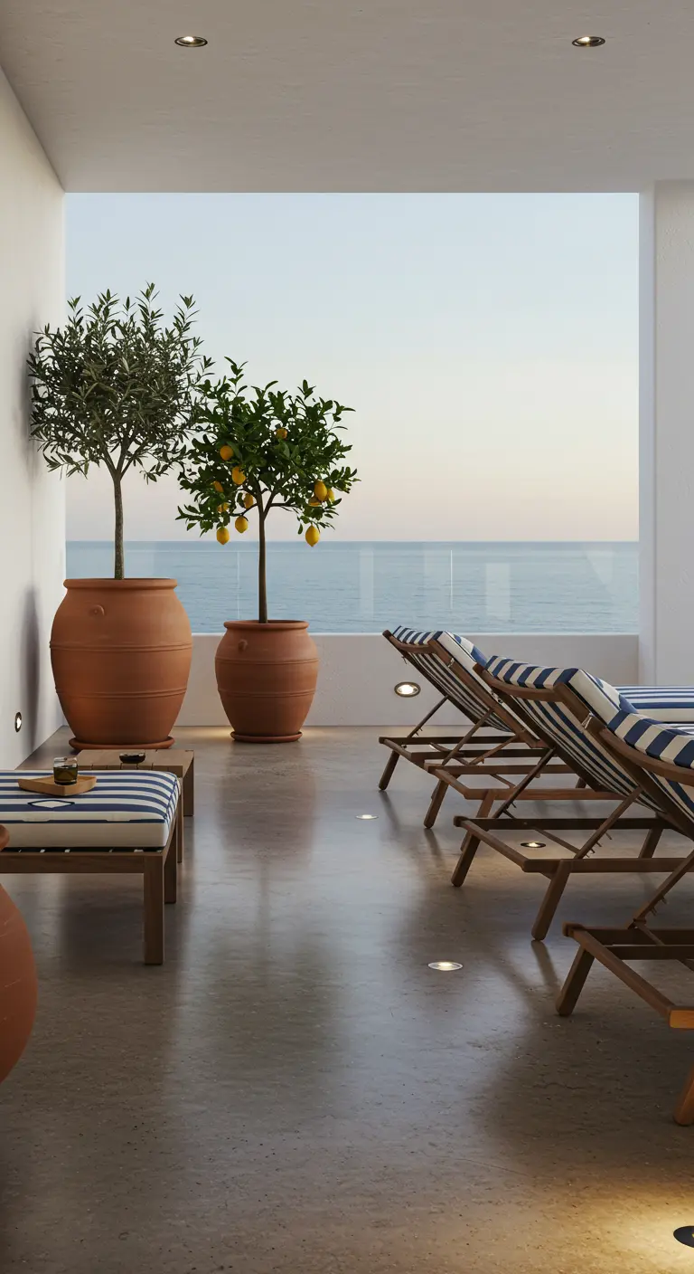 Terrasse moderne avec transats rayés, olivier et citronnier en pots, vue sur la mer.