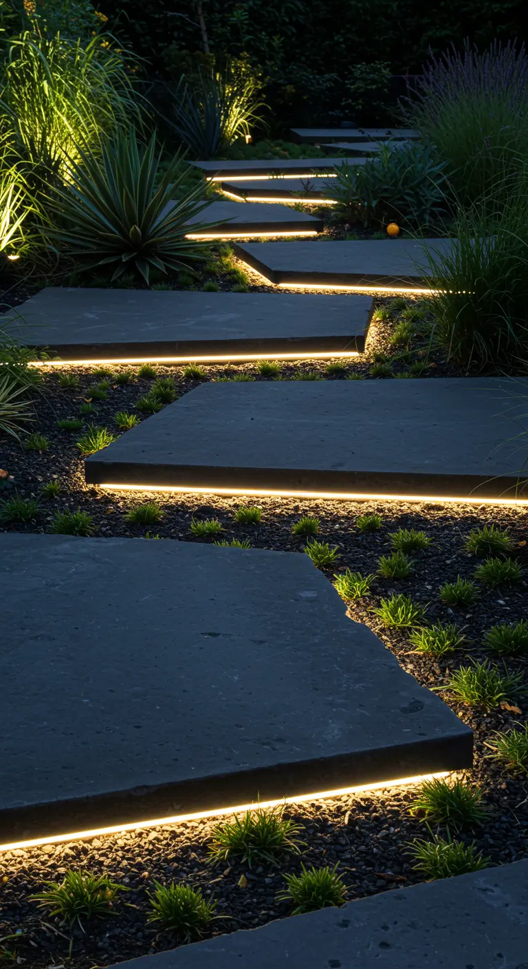 Dalles de chemin flottantes avec éclairage LED sous chaque marche, sur un lit de petits graviers.