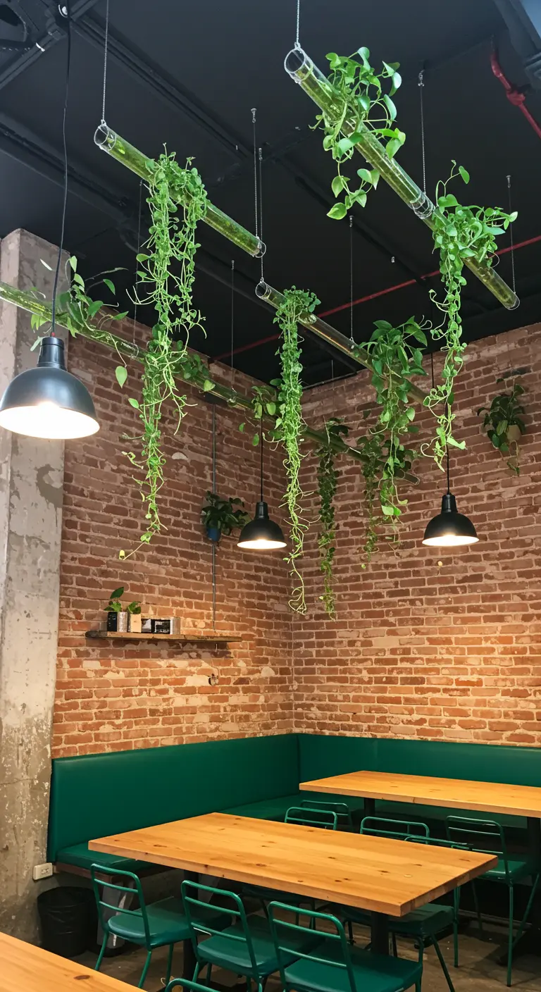 Plantes retombantes poussant dans de longs tubes de verre suspendus au plafond d'un café.