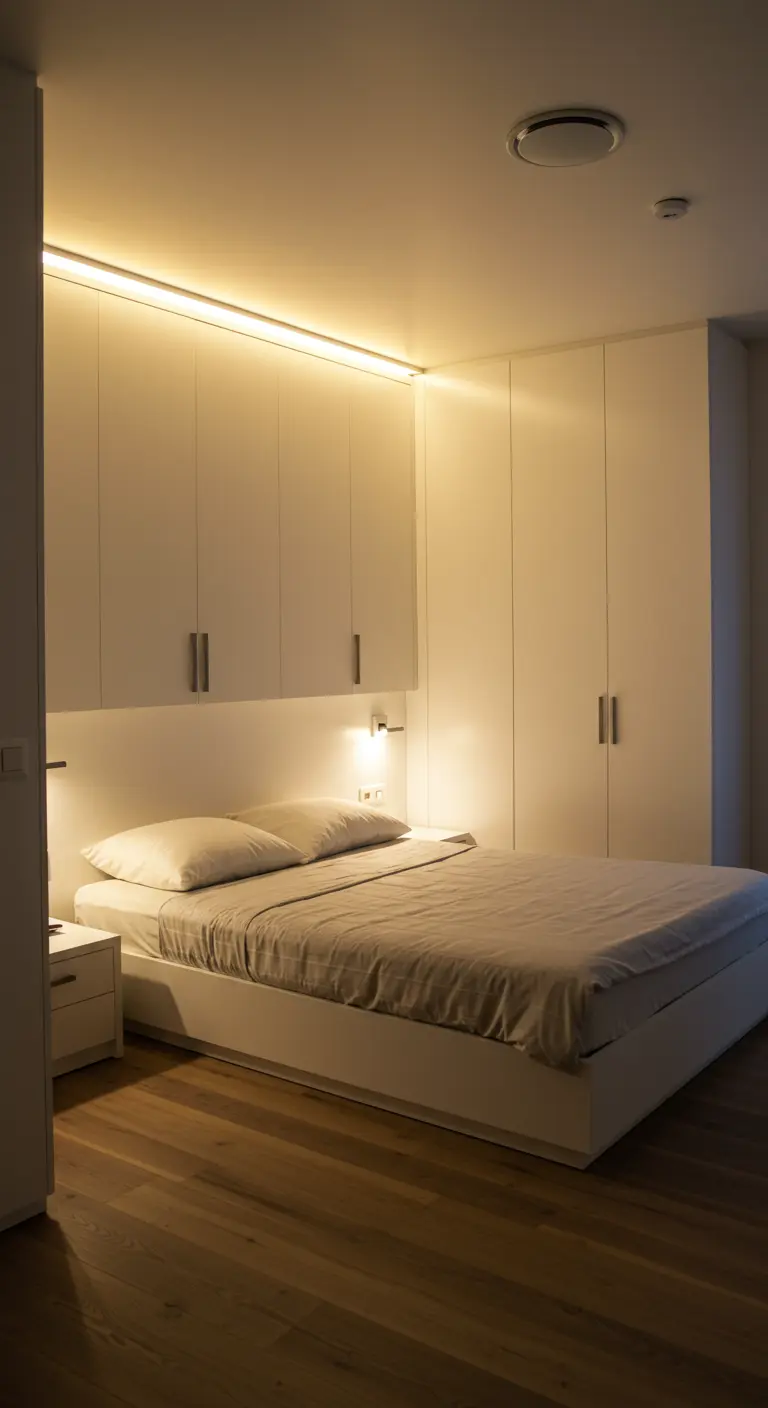 Éclairage LED linéaire au-dessus du lit et des rangements muraux intégrés dans une chambre.