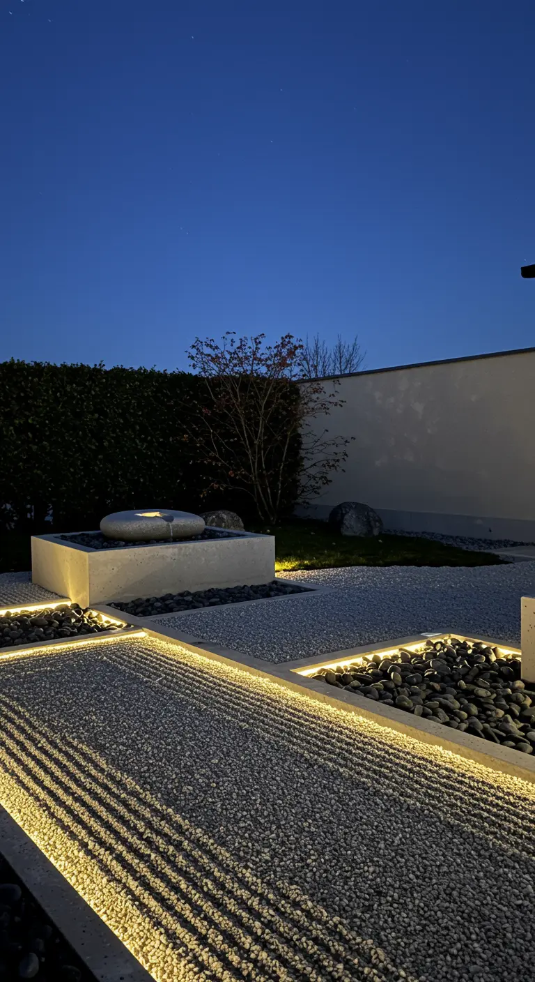 Jardin zen moderne avec chemins de galets blancs et noirs éclairés par des bandes LED solaires.