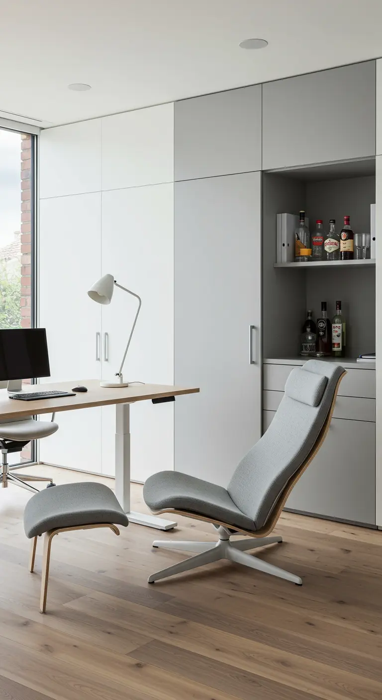 Bureau moderne avec grand mur de rangements intégrés, fauteuil lounge gris et bois clair.