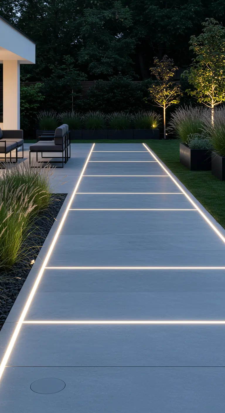 Allée moderne avec des lignes LED intégrées dans le pavé clair, menant à une terrasse.
