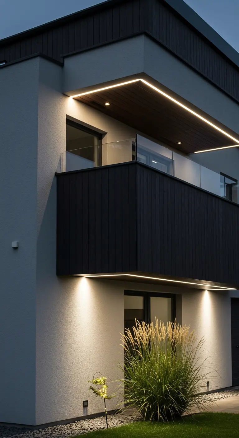 Façade moderne avec bandes lumineuses LED linéaires et spots encastrés éclairant des herbes.