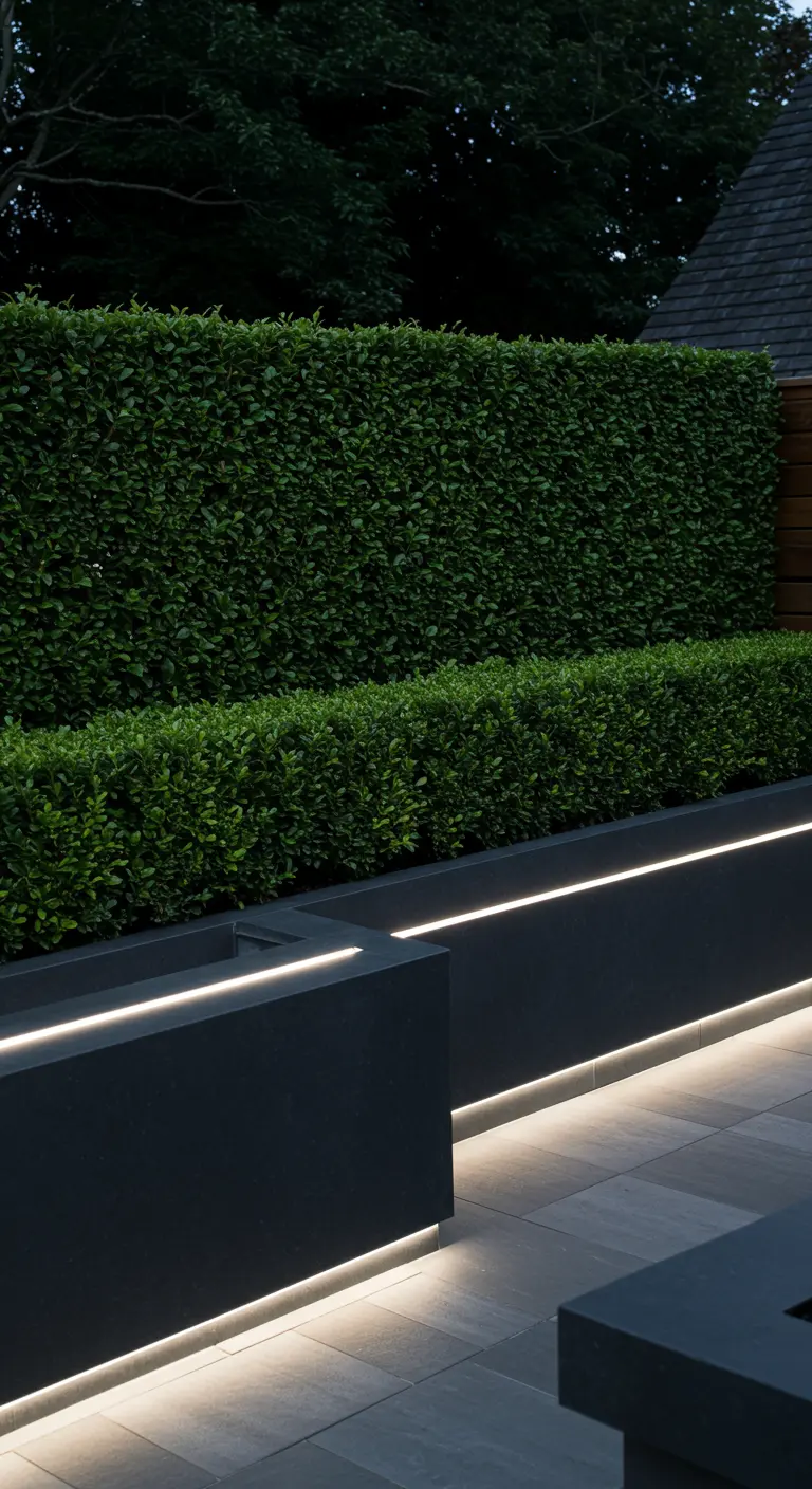 Jardinières surélevées modernes avec bandes lumineuses LED intégrées sous les rebords.