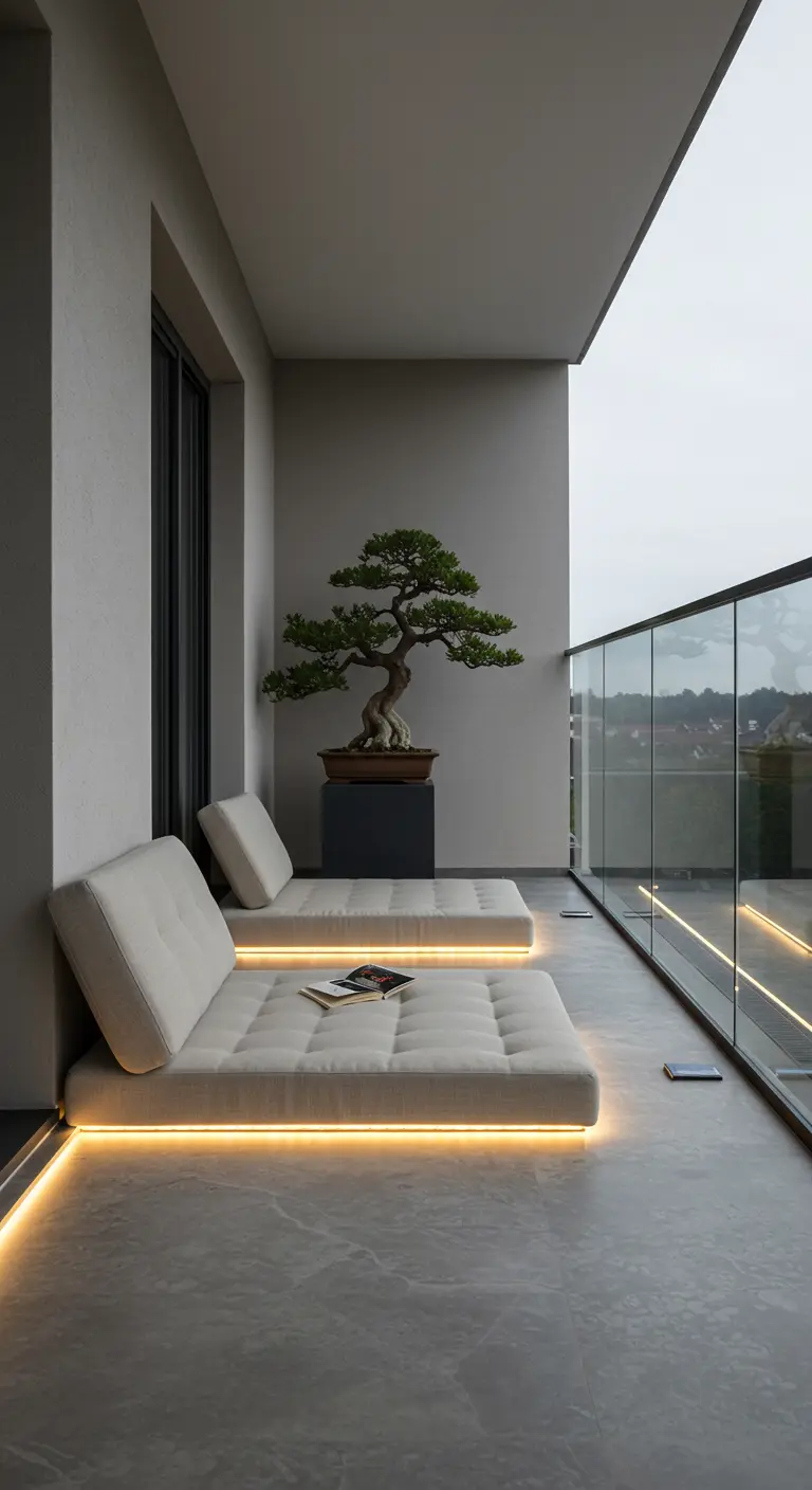 Balcon minimaliste avec chaises longues basses, éclairage LED intégré et un bonsaï, ambiance moderne.