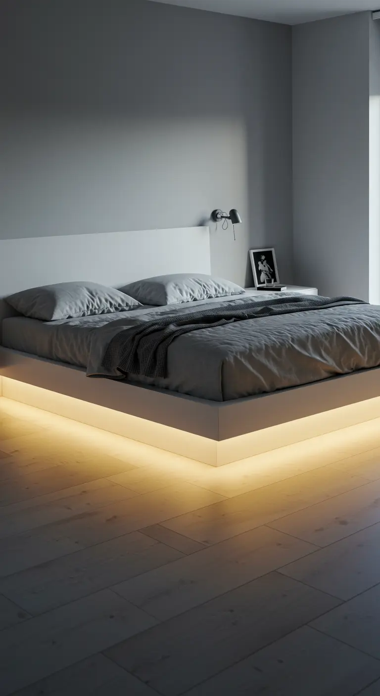 Lit plateforme avec éclairage LED indirect sous le cadre, créant un effet flottant.