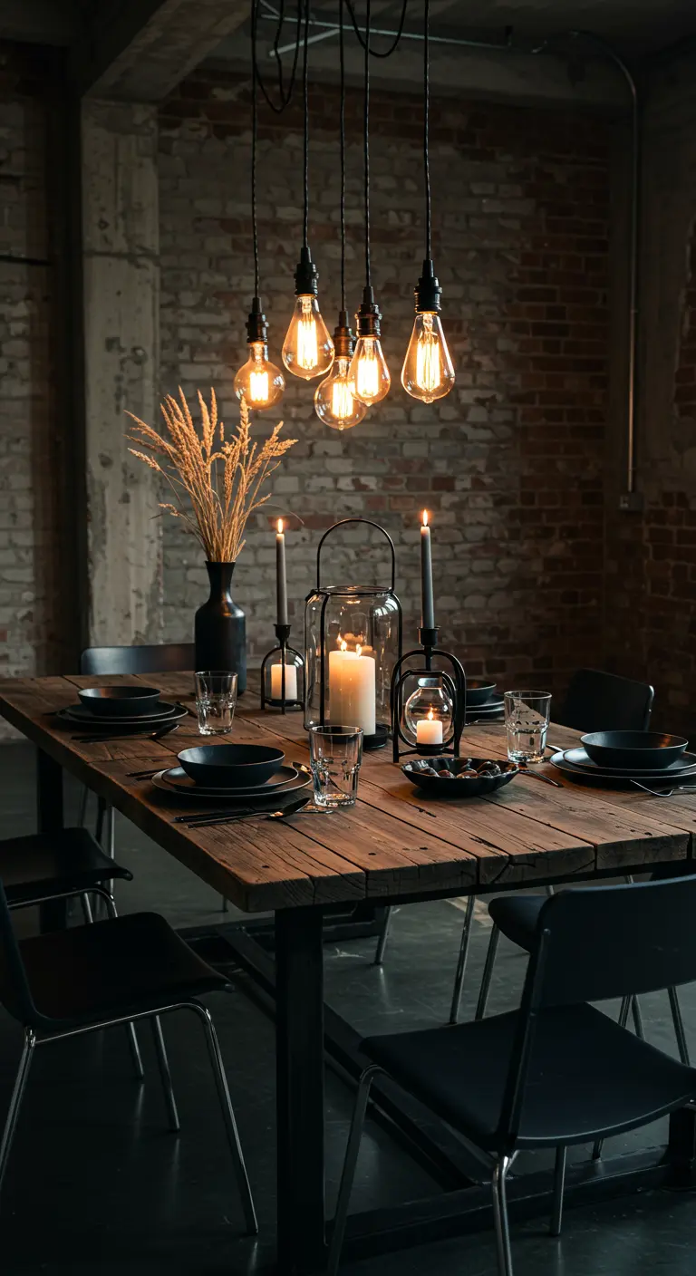 Table de style industriel avec des ampoules Edison suspendues, des bougies et de la vaisselle noire.