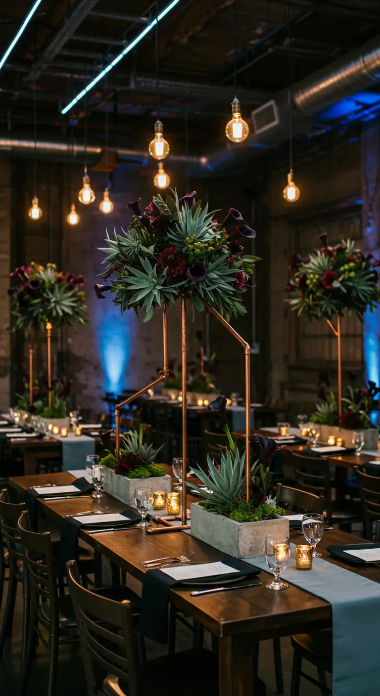 Salle industrielle avec longues tables en bois, centres de table en tuyaux de cuivre, plantes grasses et callas bordeaux.
