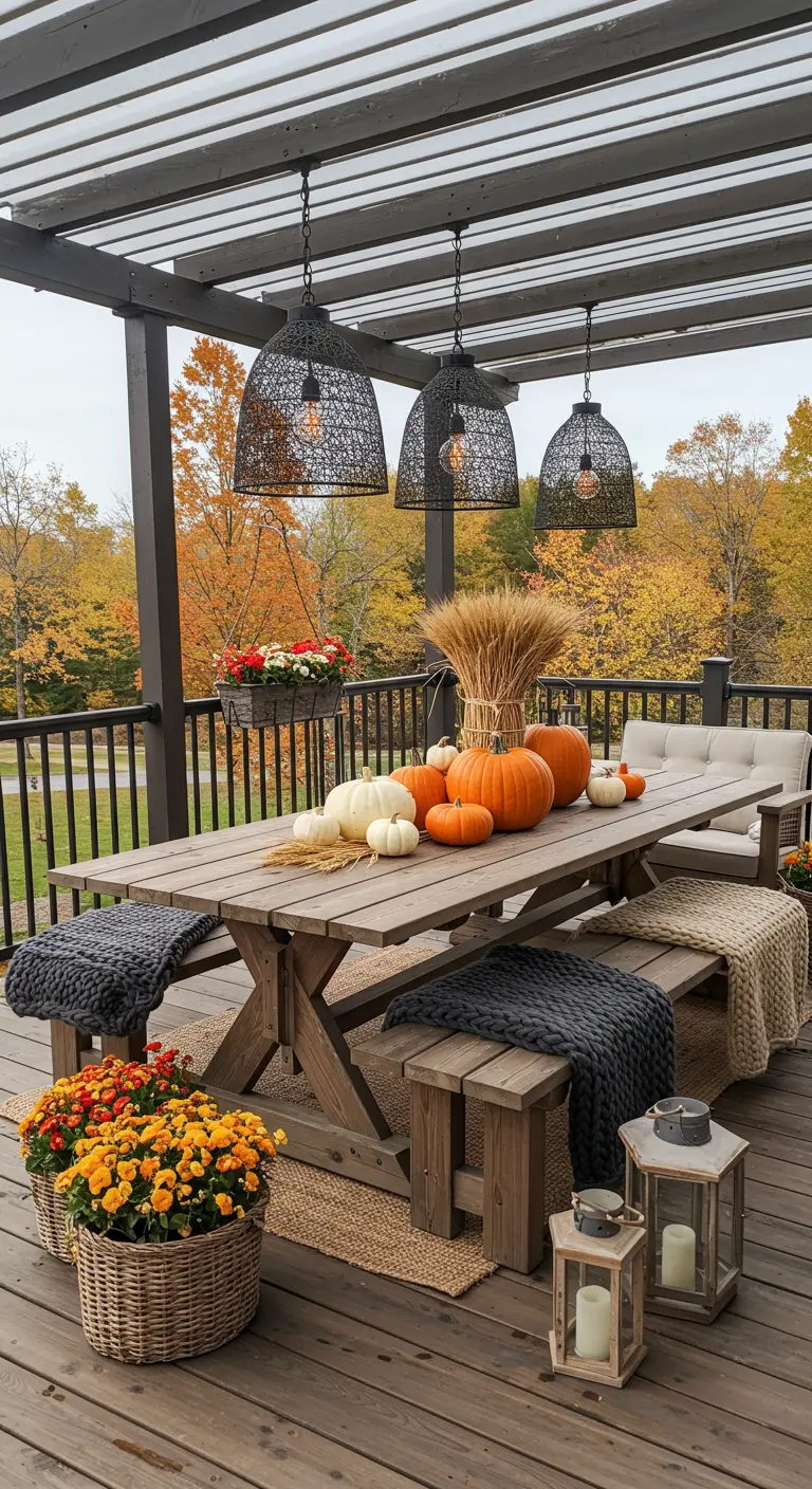 Grande table en bois sur terrasse avec décorations d'automne : blé, citrouilles, chrysanthèmes, lanternes et suspensions.