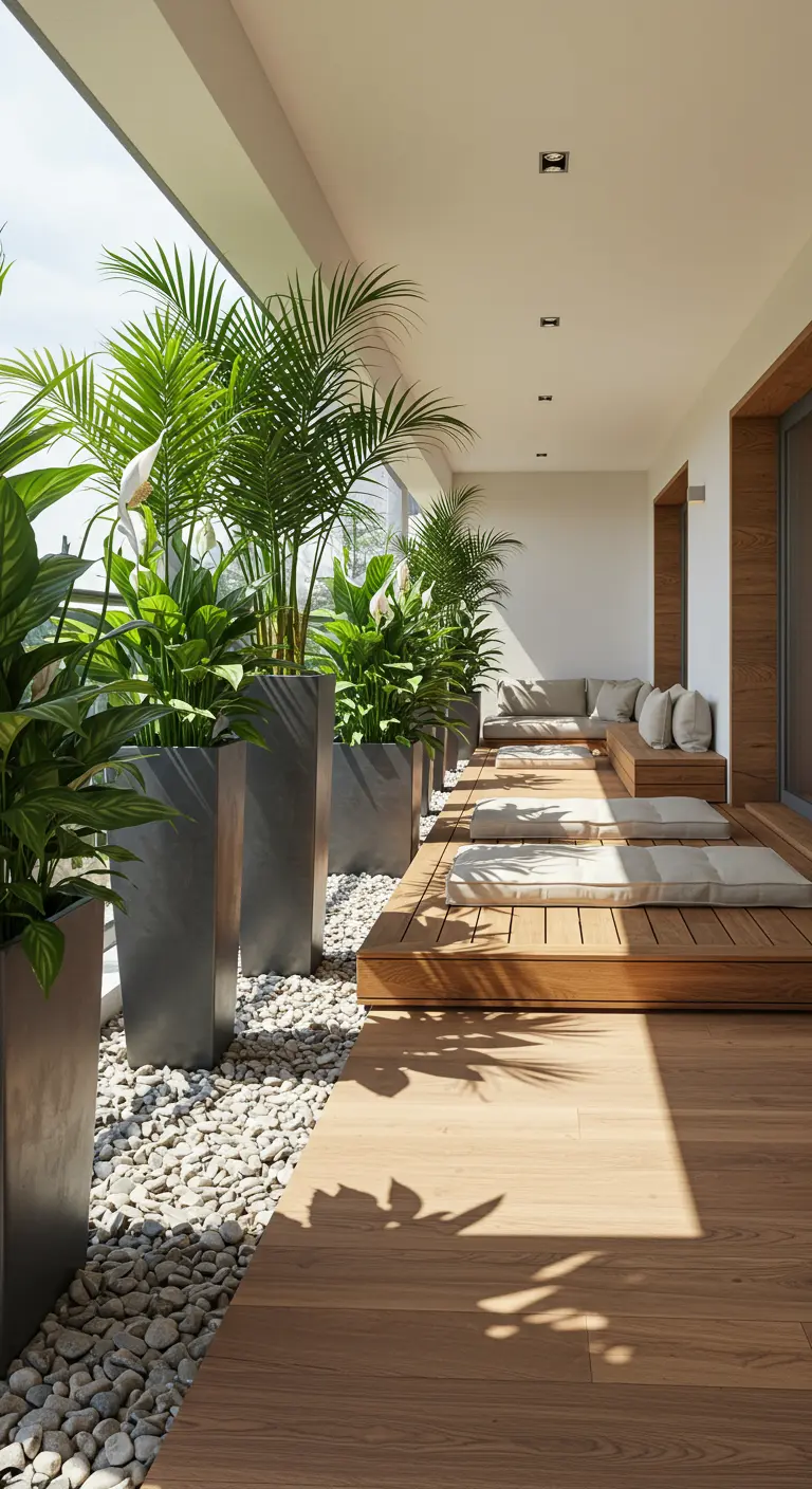 Long balcon avec palmiers en bacs hauts, Spathiphyllum, gravier blanc et terrasse en bois.
