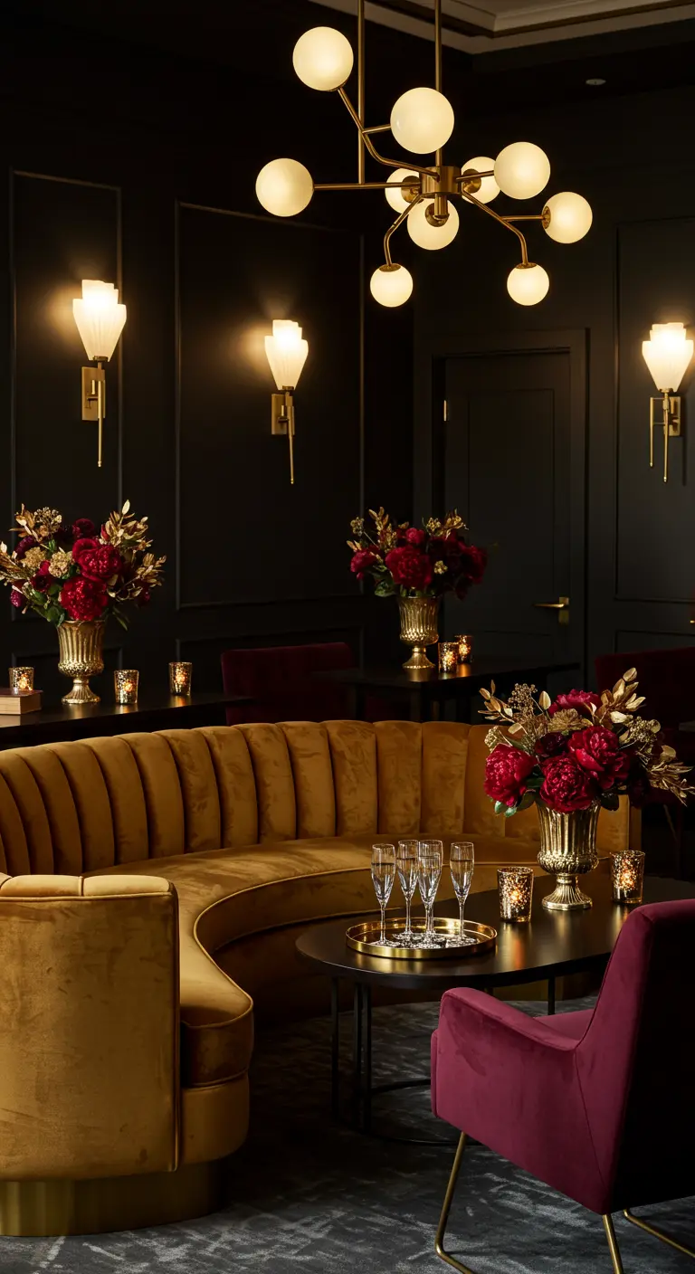 Espace lounge moderne avec canapé incurvé moutarde, fauteuils bordeaux et éclairage chic.