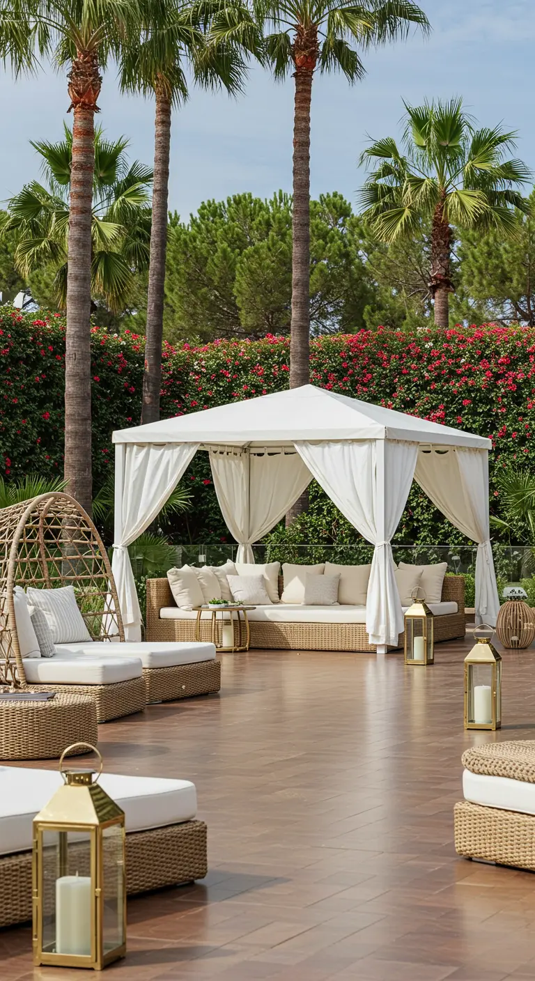 Grand lounge extérieur de luxe avec baldaquin blanc, mobilier en rotin et lanternes dorées sous les palmiers.