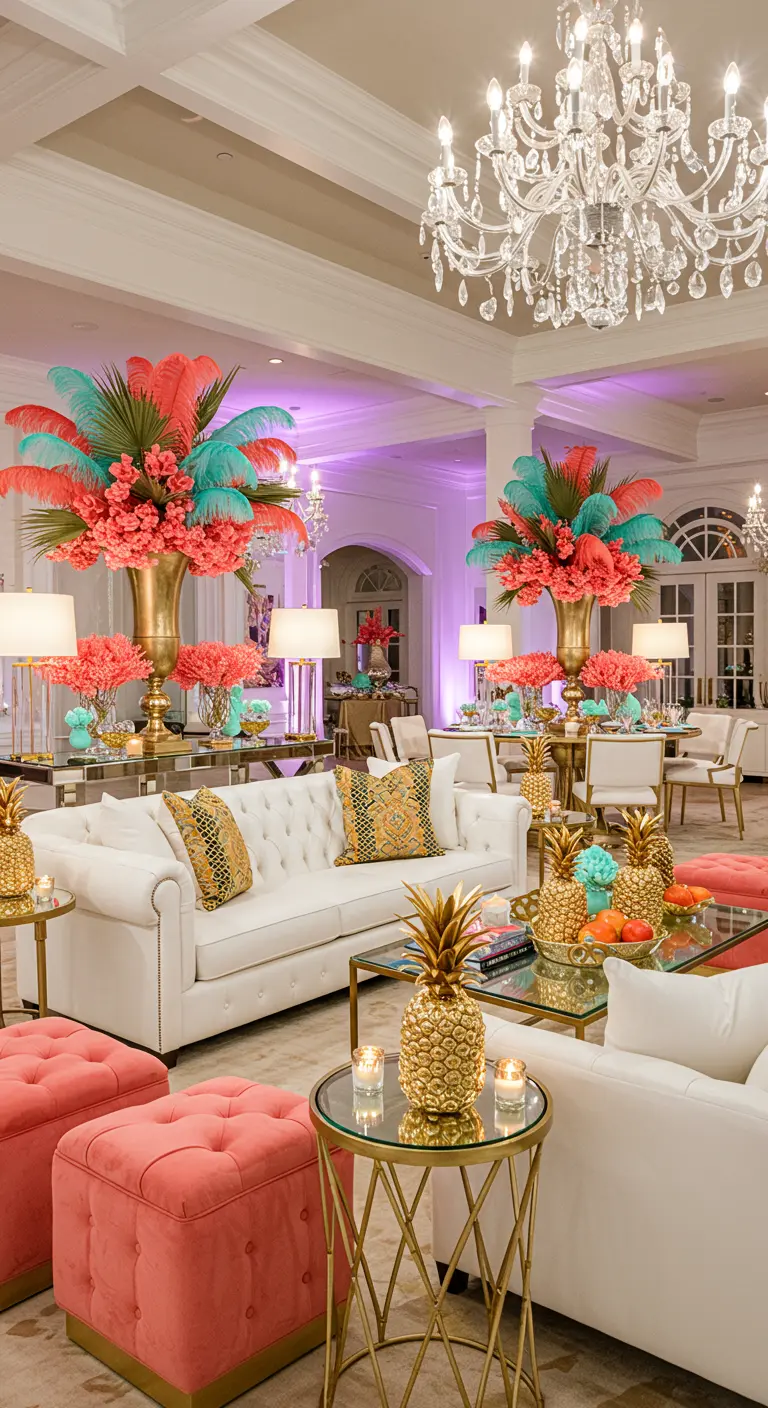 Lounge luxueux avec canapés blancs, ottomanes corail, tables basses dorées, et ananas décoratifs dorés.