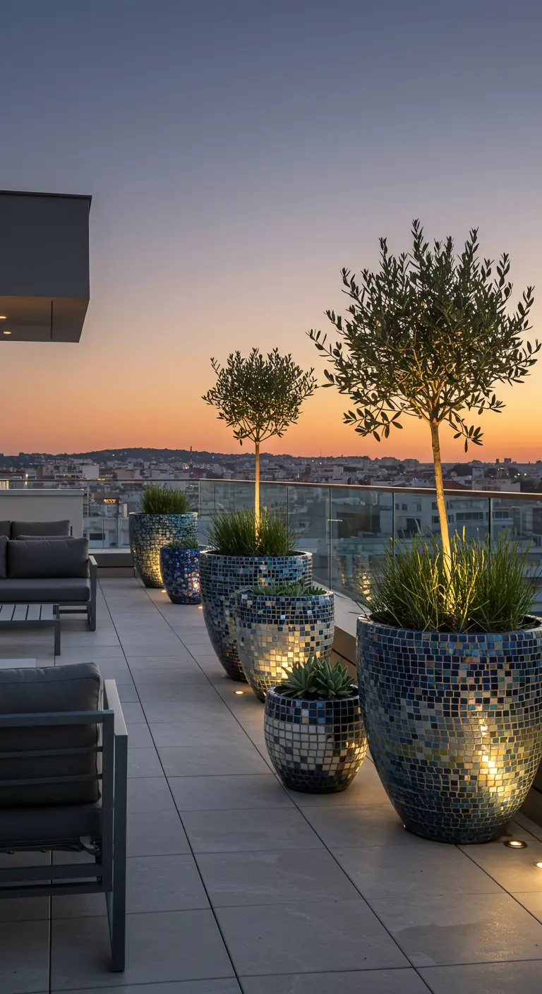 Terrasse sur le toit au coucher du soleil avec des oliviers dans des grands pots mosaïque bleus éclairés.