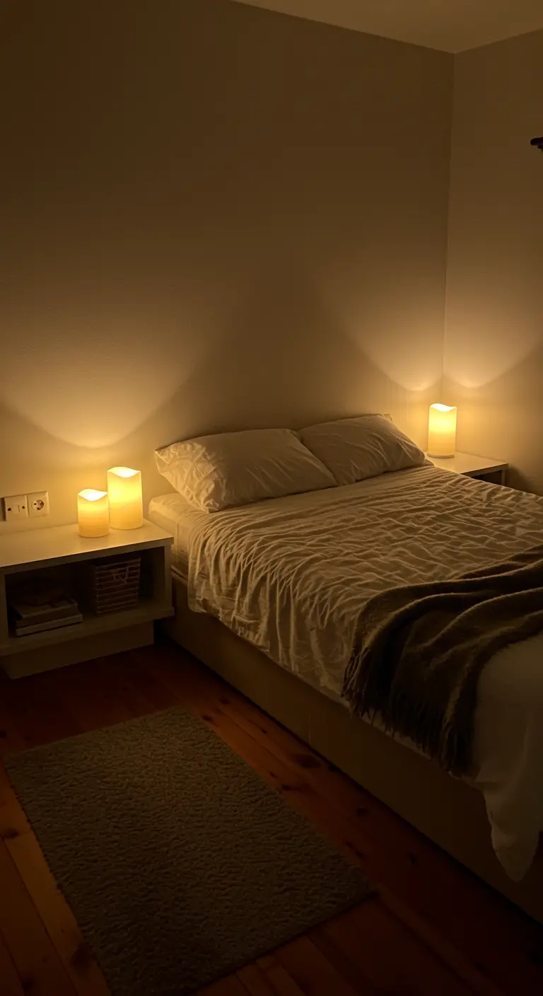 Trois bougies LED créent une lueur chaleureuse sur des tables de chevet blanches.