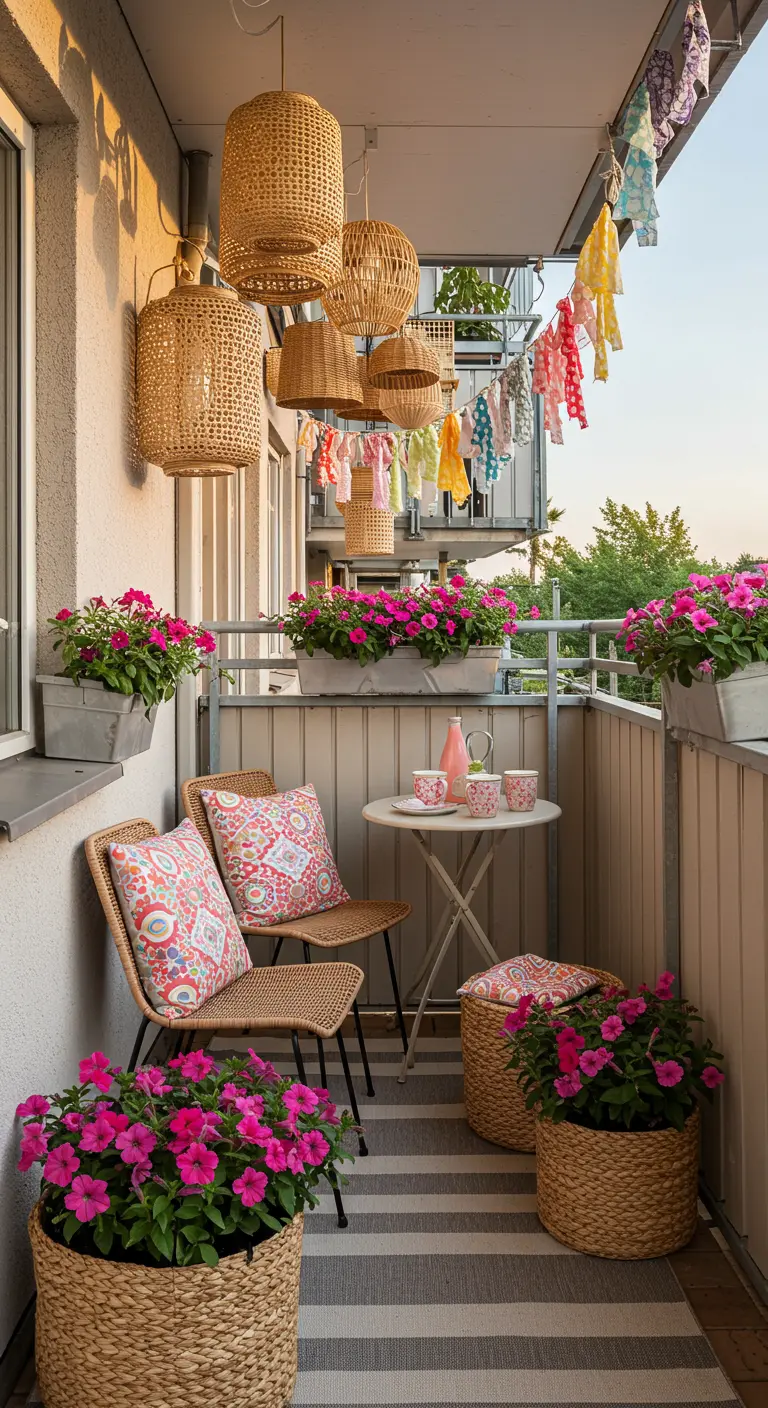 Balcon lumineux avec suspensions tressées, tapis rayé et pétunias roses vifs.
