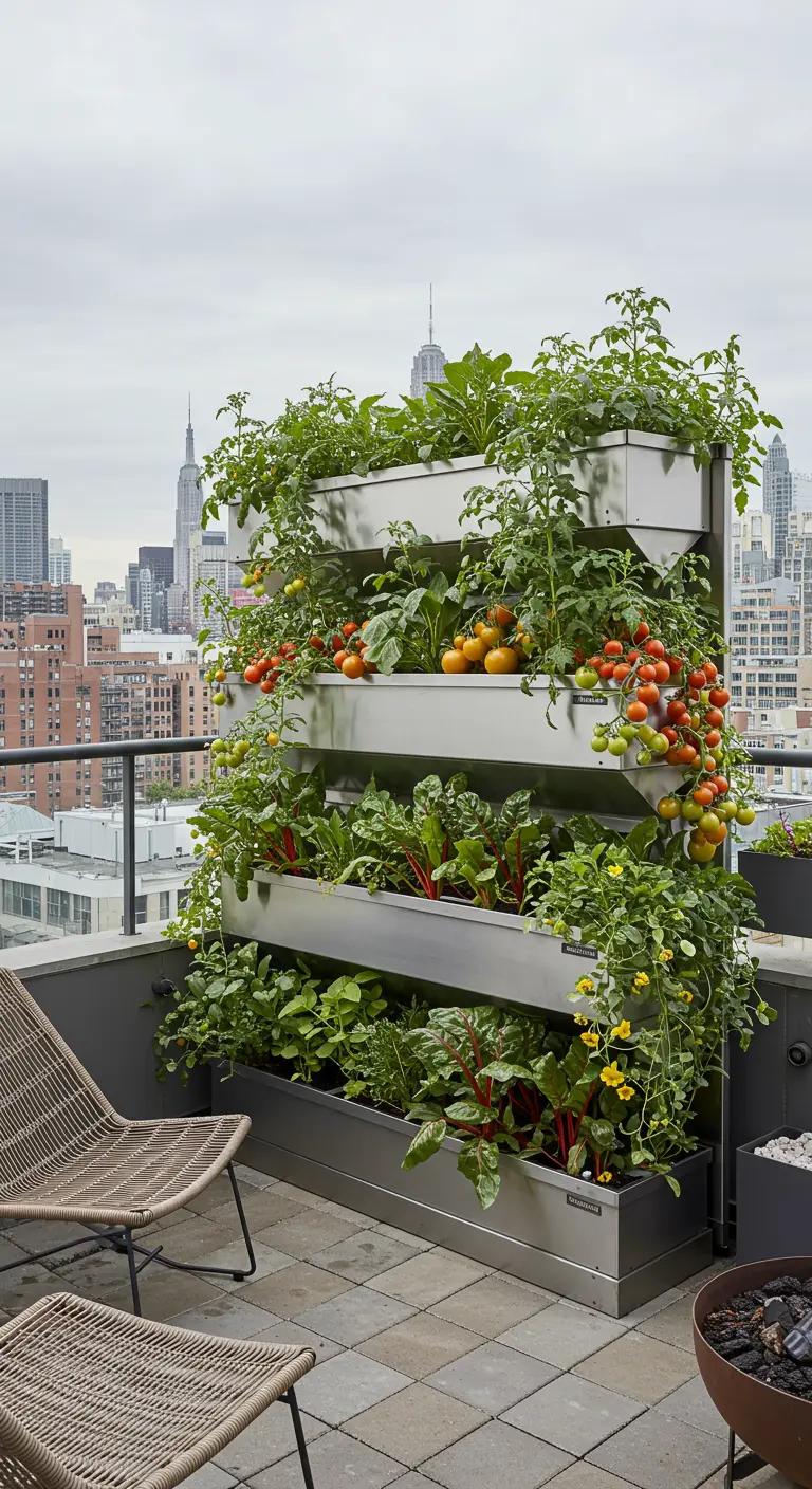Potager sur toit-terrasse avec bacs en bois éclairés et oliviers en pots.