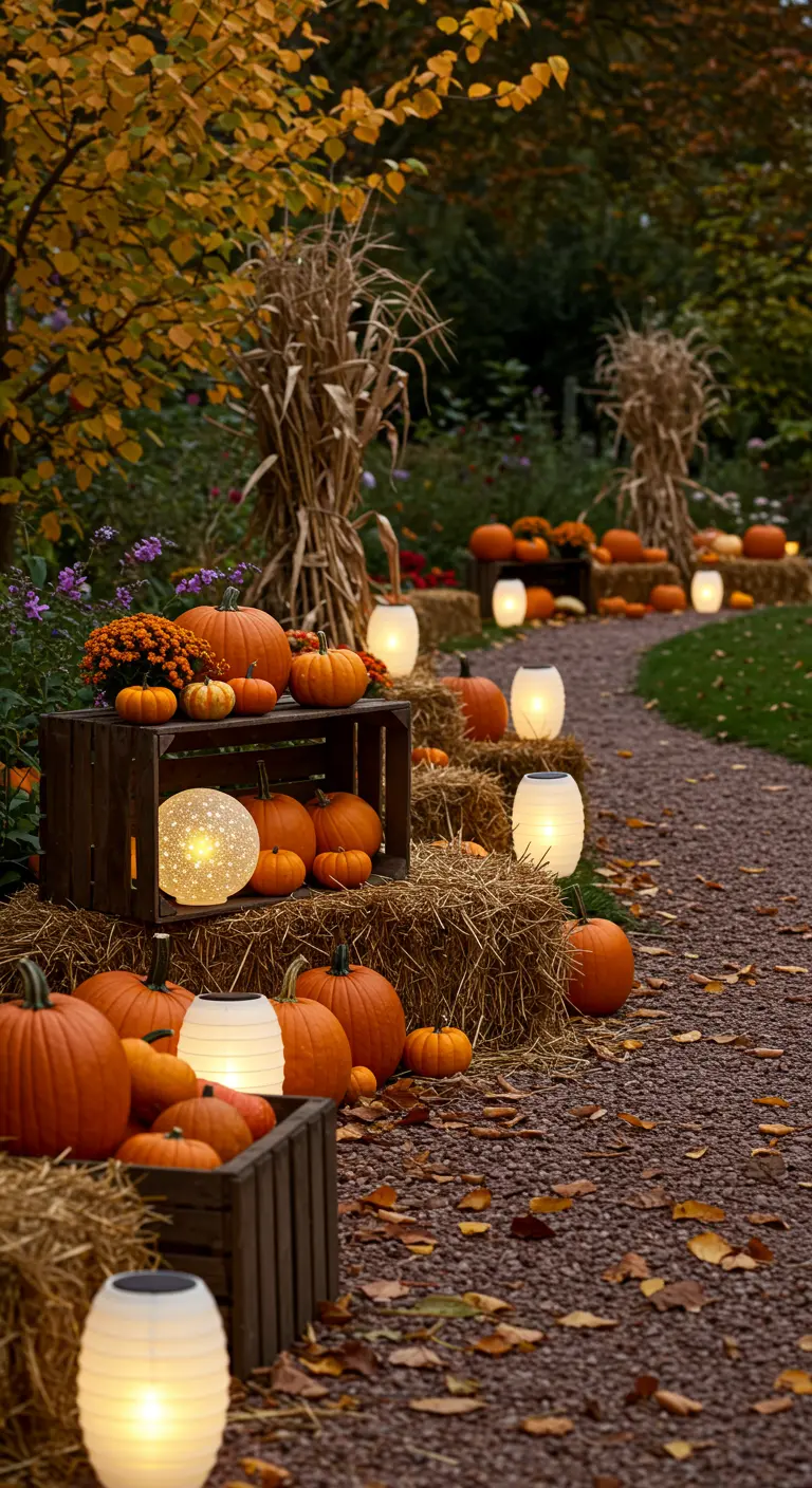 Allée décorée pour l'automne avec citrouilles, bottes de paille, caisses en bois et lanternes solaires blanches.