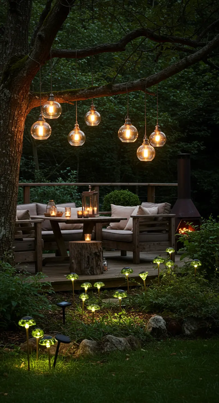 Coin repas en bois dans un jardin, avec boules lumineuses suspendues aux arbres et lumières solaires au sol.