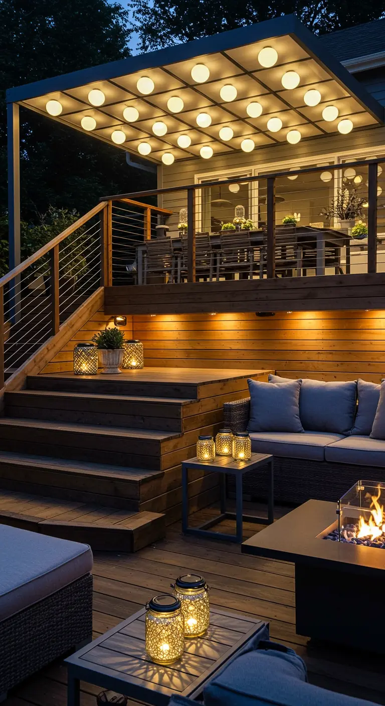 Terrasse en bois à plusieurs niveaux avec éclairage intégré, bocaux lumineux et table de feu.