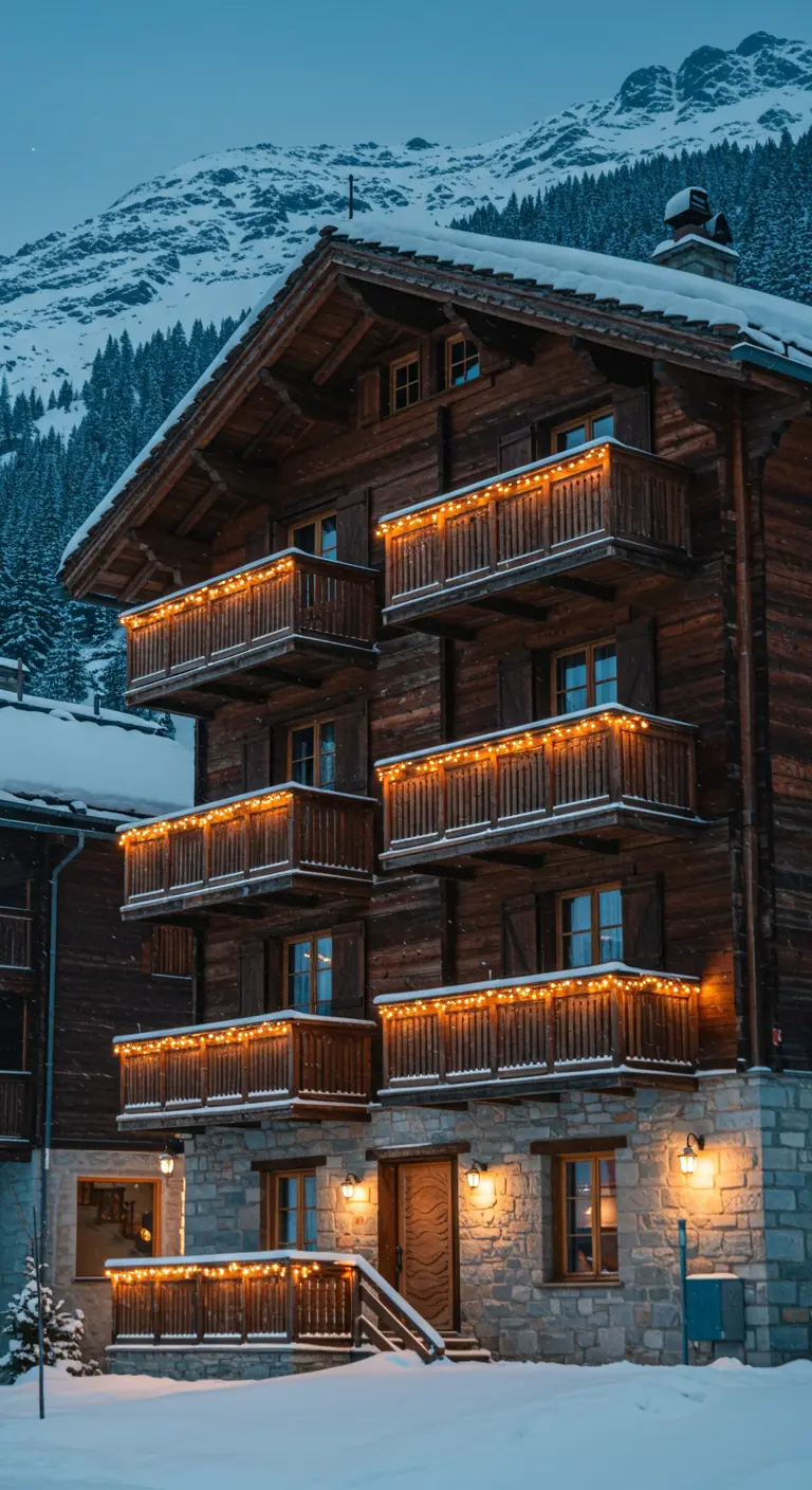 Chalet alpin enneigé, balcons illuminés par des guirlandes lumineuses chaudes.