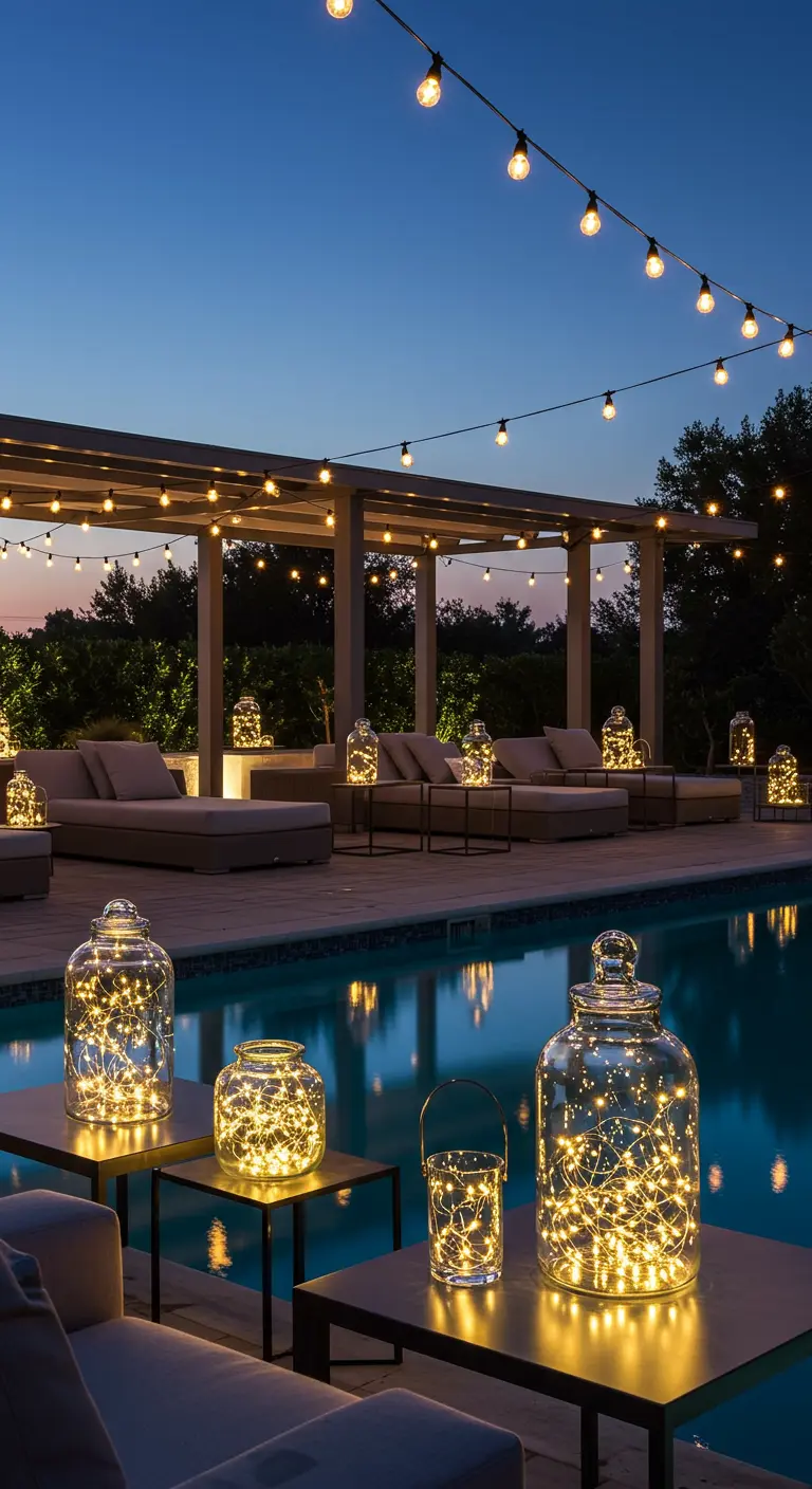 Ambiance chic au bord d'une piscine avec des chaises longues, des guirlandes et de grands bocaux lumineux sur des tables d'appoint.