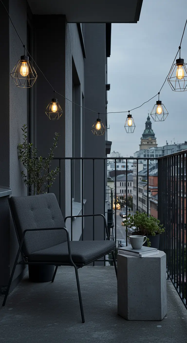 Balcon urbain avec mobilier gris et guirlande de lanternes géométriques modernes.