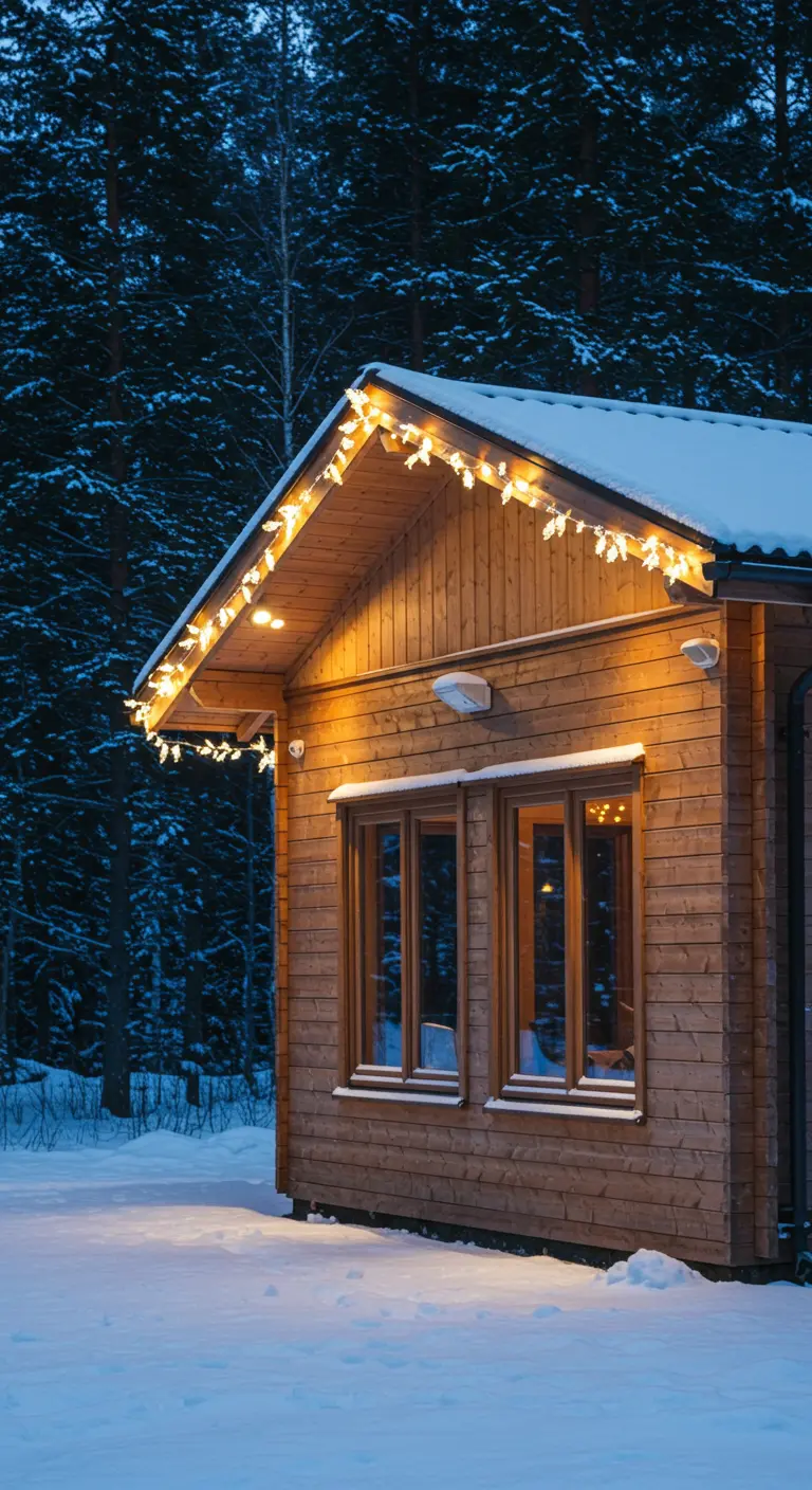 Petite cabane en bois enneigée, éclairée par des guirlandes lumineuses effet stalactite.