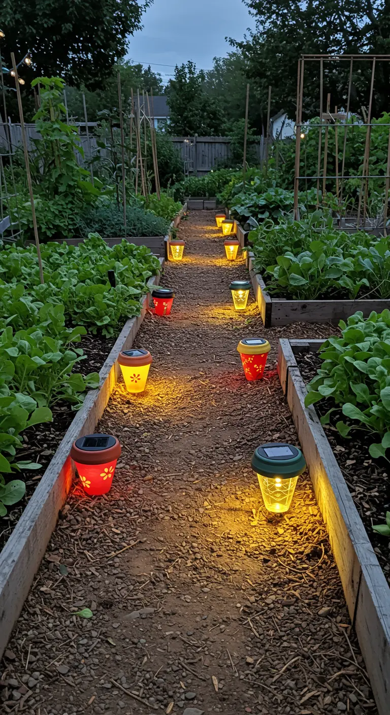 Chemin de potager éclairé par de petits pots solaires colorés, légumes verts de chaque côté.
