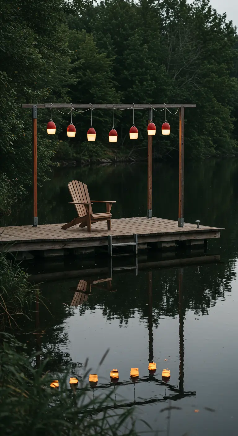Ponton en bois au bord de l'eau avec des lampions rouges et une chaise Adirondack.