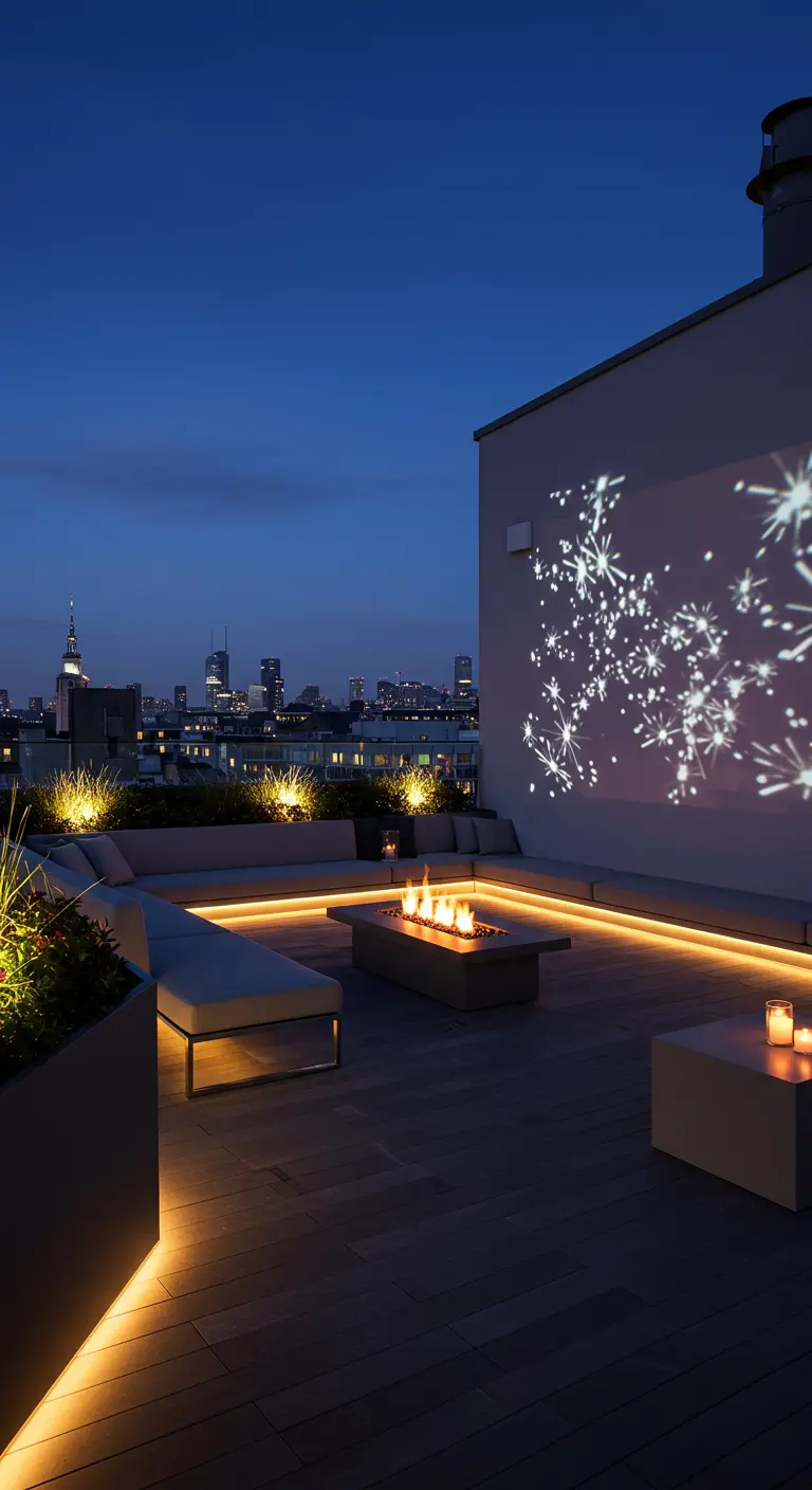 Terrasse urbaine moderne avec foyer, banquettes lumineuses et projection de motifs lumineux sur un mur.