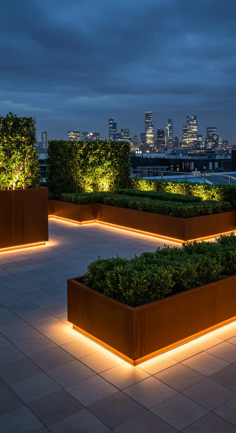 Terrasse sur le toit avec de grandes jardinières éclairées par des rubans LED.