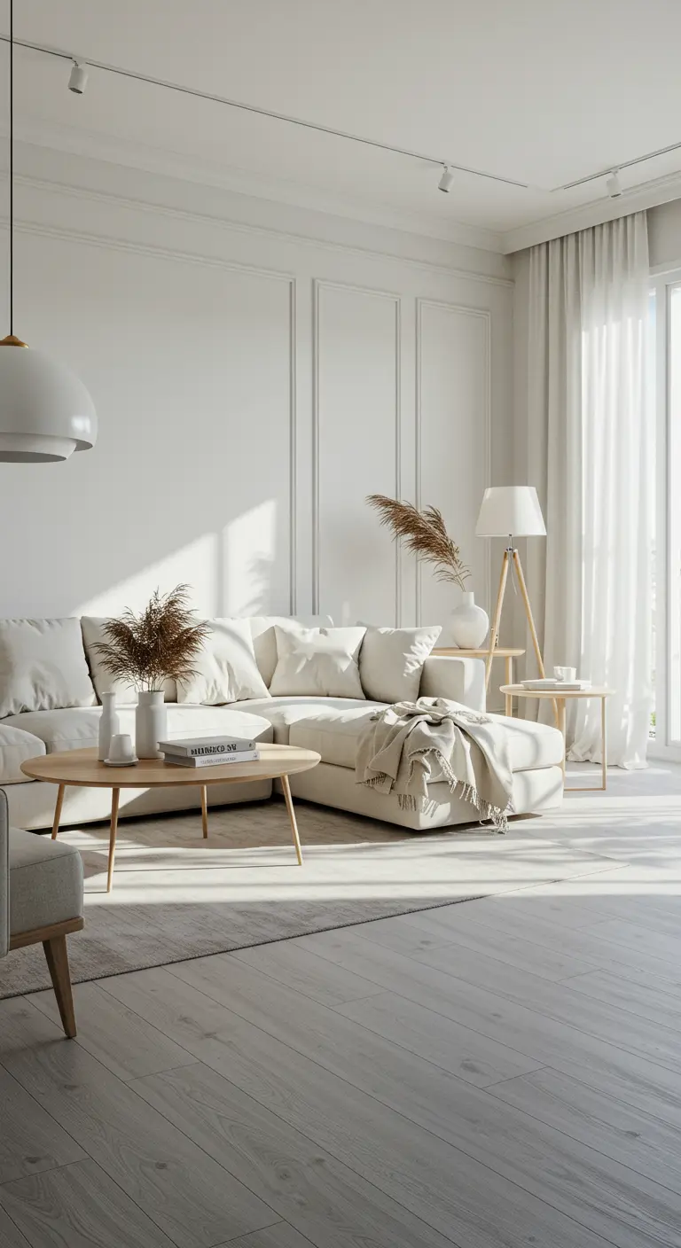 Salon scandinave blanc avec canapé d'angle, table basse bois, graminées et éclairage doux.