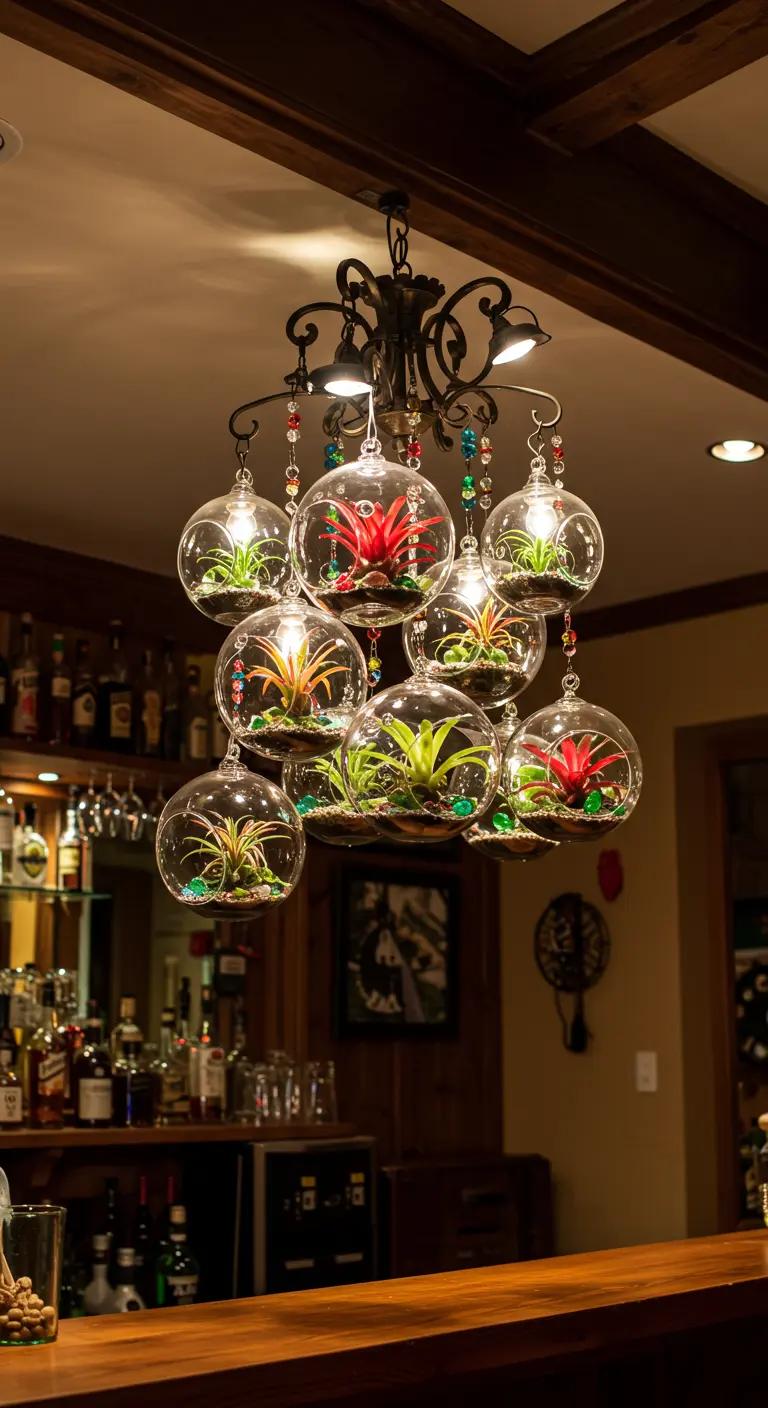 Lustre en fer forgé orné de neuf terrariums sphériques avec Tillandsias colorés, suspendu au-dessus d'un bar.