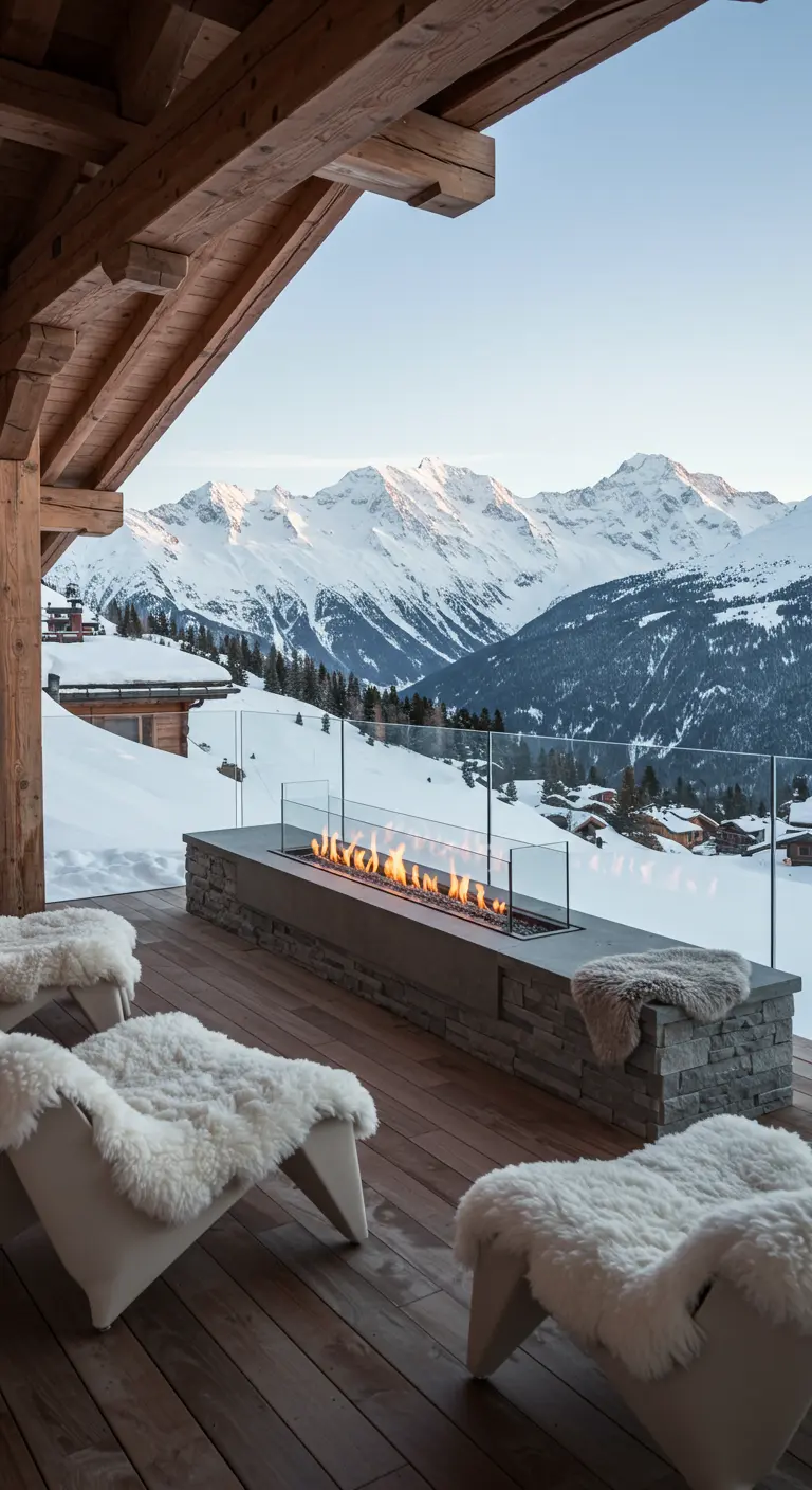Terrasse de chalet moderne avec brasero linéaire, chaises longues en fourrure et vue sur les Alpes enneigées.