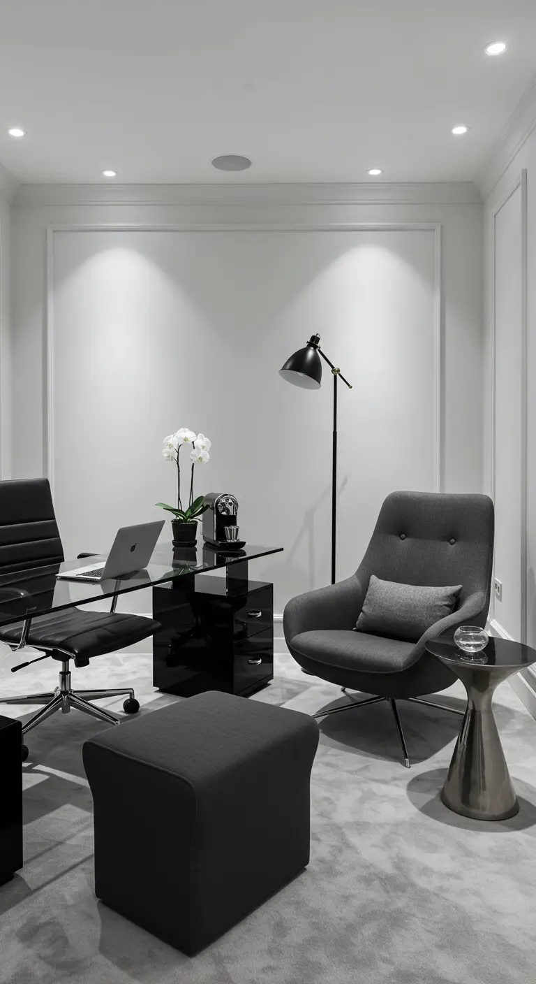 Bureau contemporain monochrome gris et blanc avec fauteuil pivotant, pouf et table d'appoint.