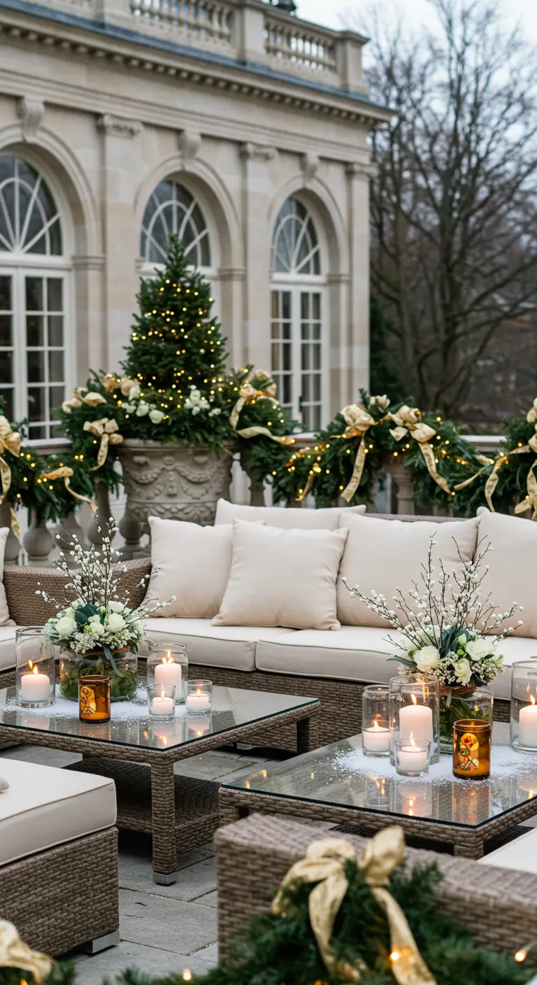 Grande terrasse avec mobilier lounge, petits sapins lumineux et guirlandes dorées.