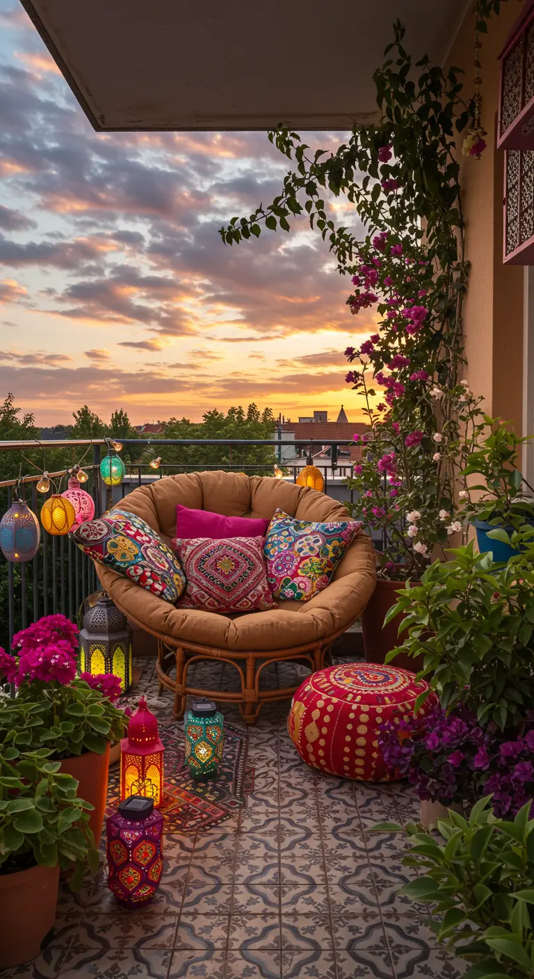 Balcon bohème au coucher du soleil avec fauteuil Papasan, coussins colorés et lanternes marocaines.