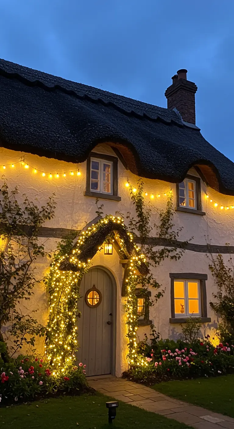 Cottage au toit de chaume illuminé par de denses guirlandes lumineuses chaudes.