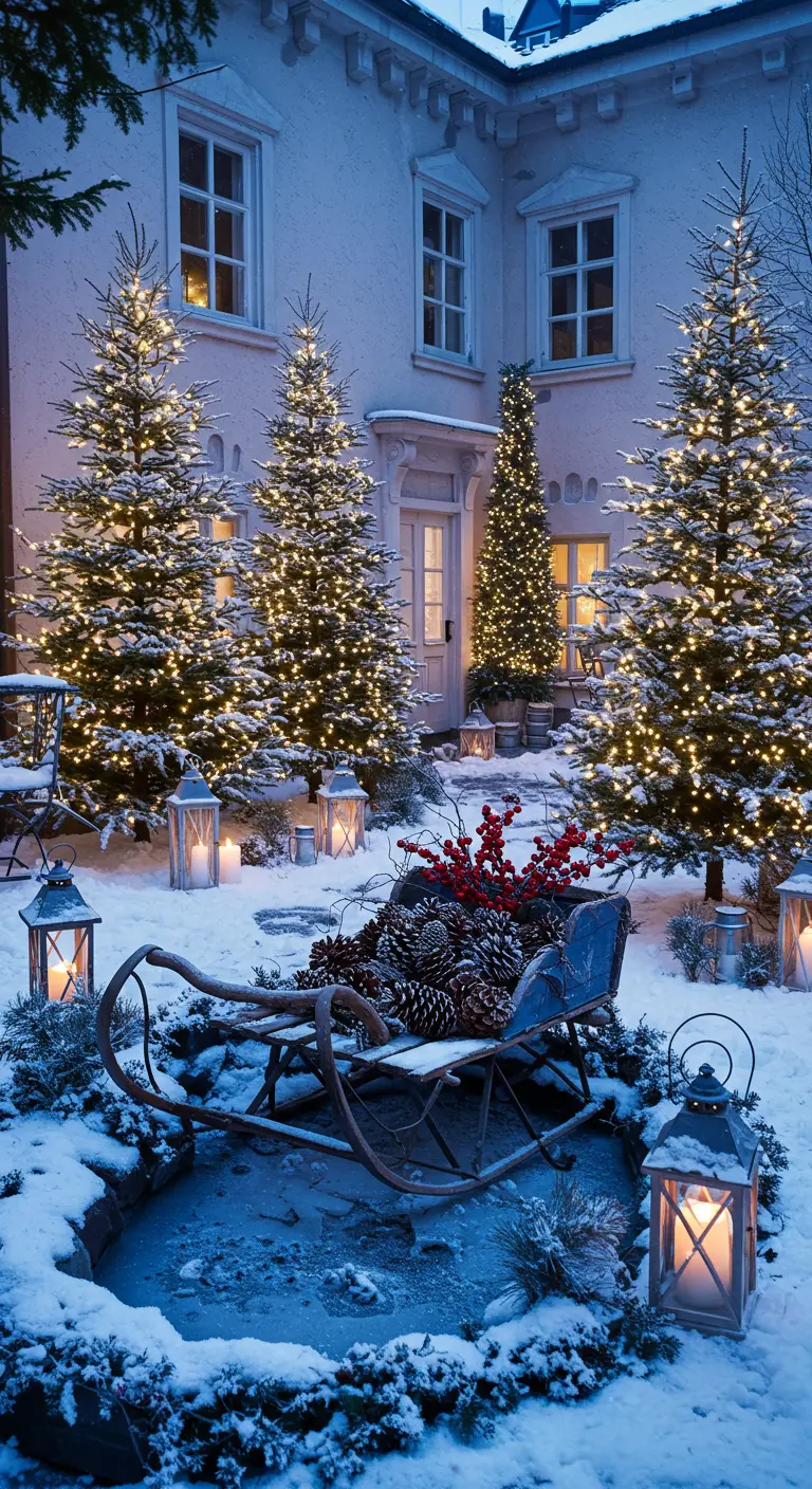 Cour enneigée décorée pour Noël avec sapins illuminés, luge vintage et lanternes.