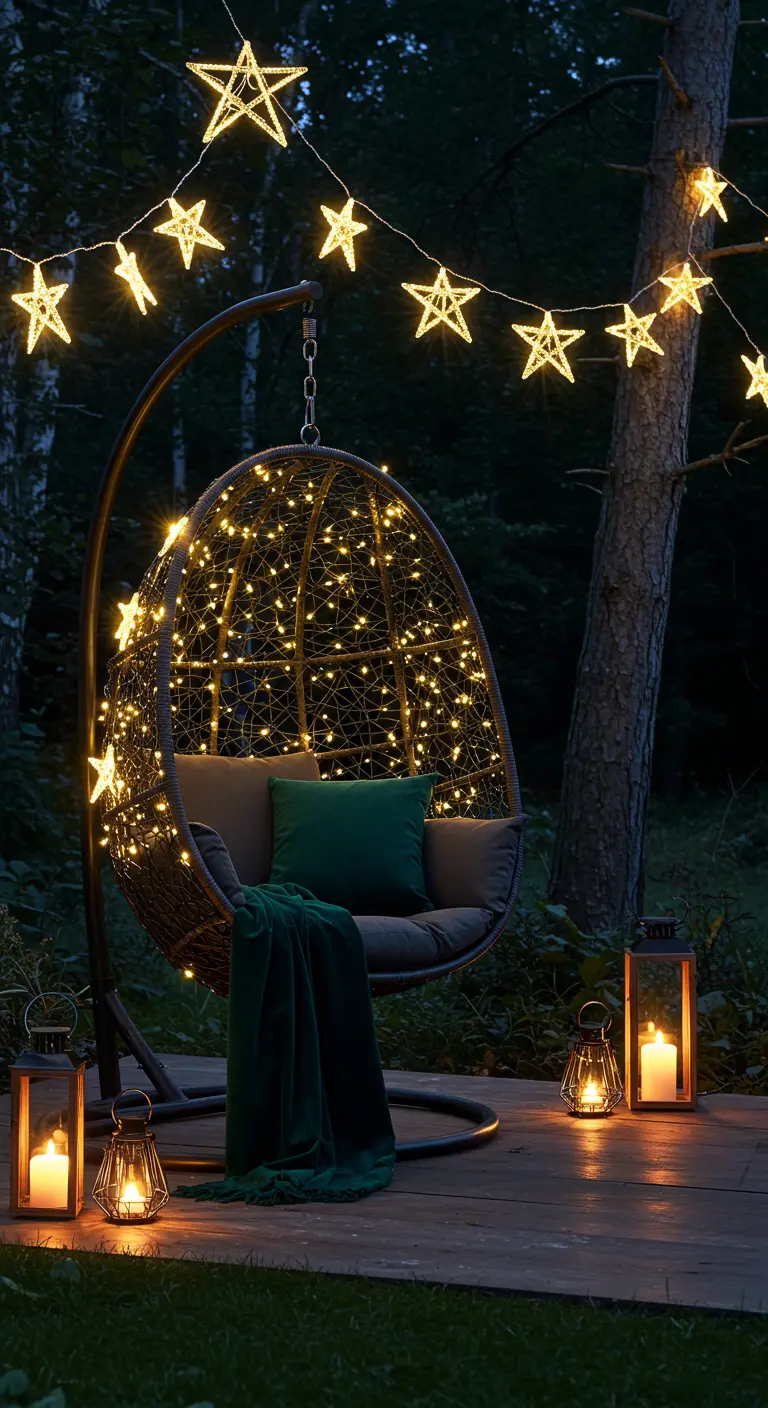 Fauteuil œuf sombre au bord d'une forêt, guirlandes en étoiles, plaid vert et lanternes.