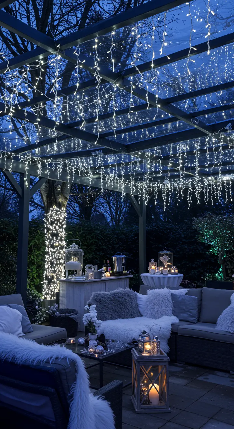 Pergola couverte de guirlandes lumineuses blanches en cascade, transformée en scène hivernale.