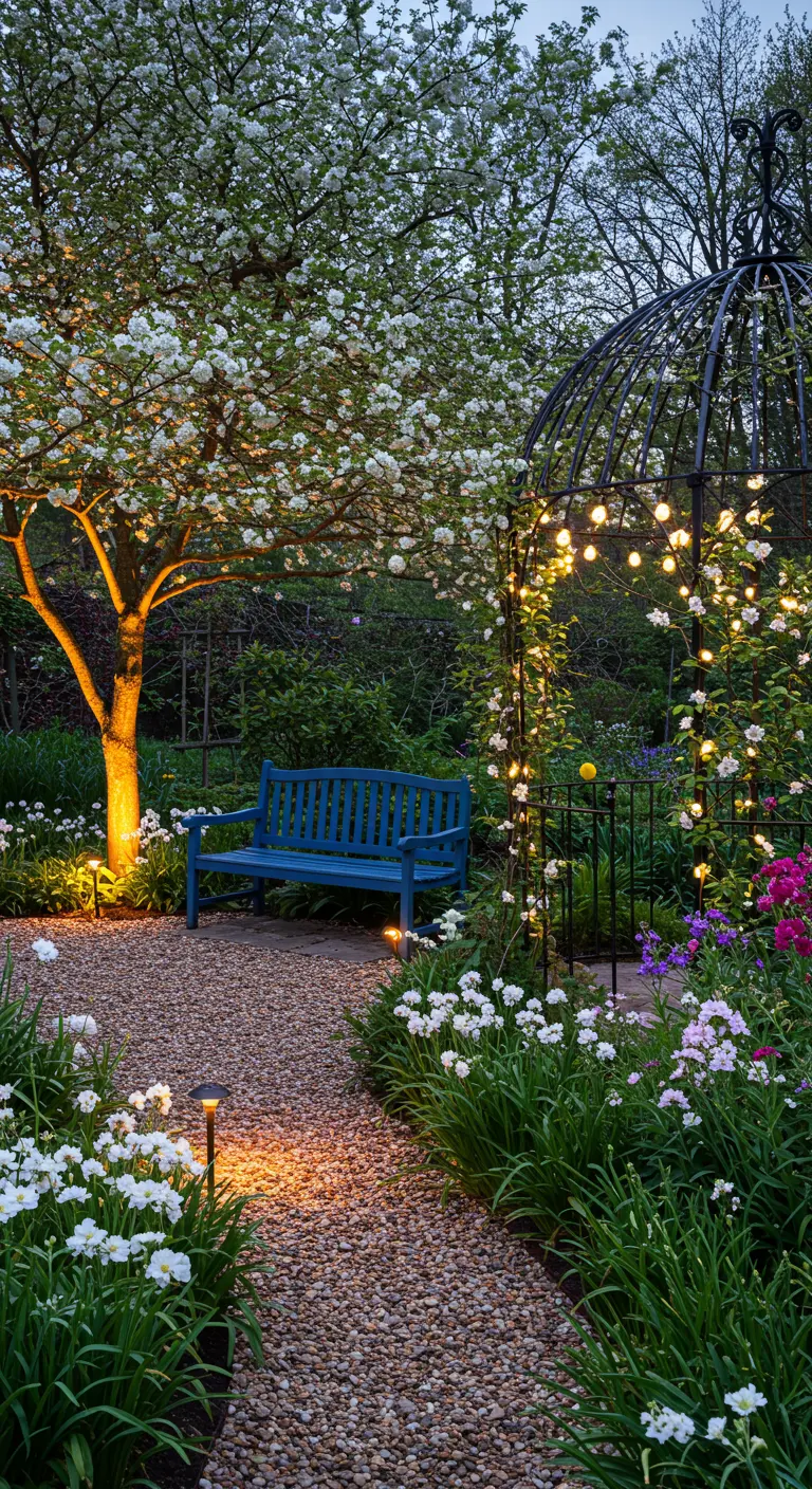Jardin illuminé la nuit avec un pommier en fleurs, une pergola lumineuse, un banc bleu et des massifs fleuris.