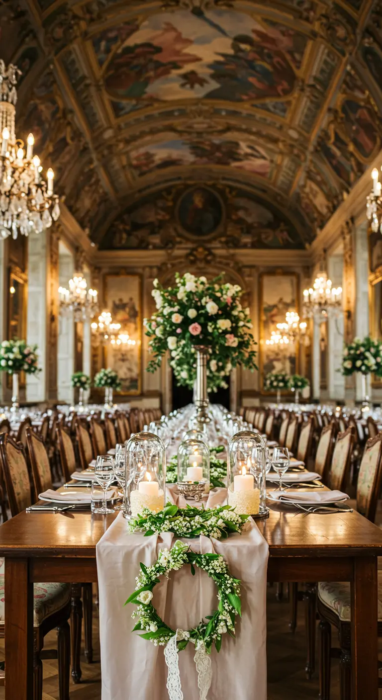 Table de mariage dans un château avec couronnes de muguet, cloches lumineuses et chemin de table.