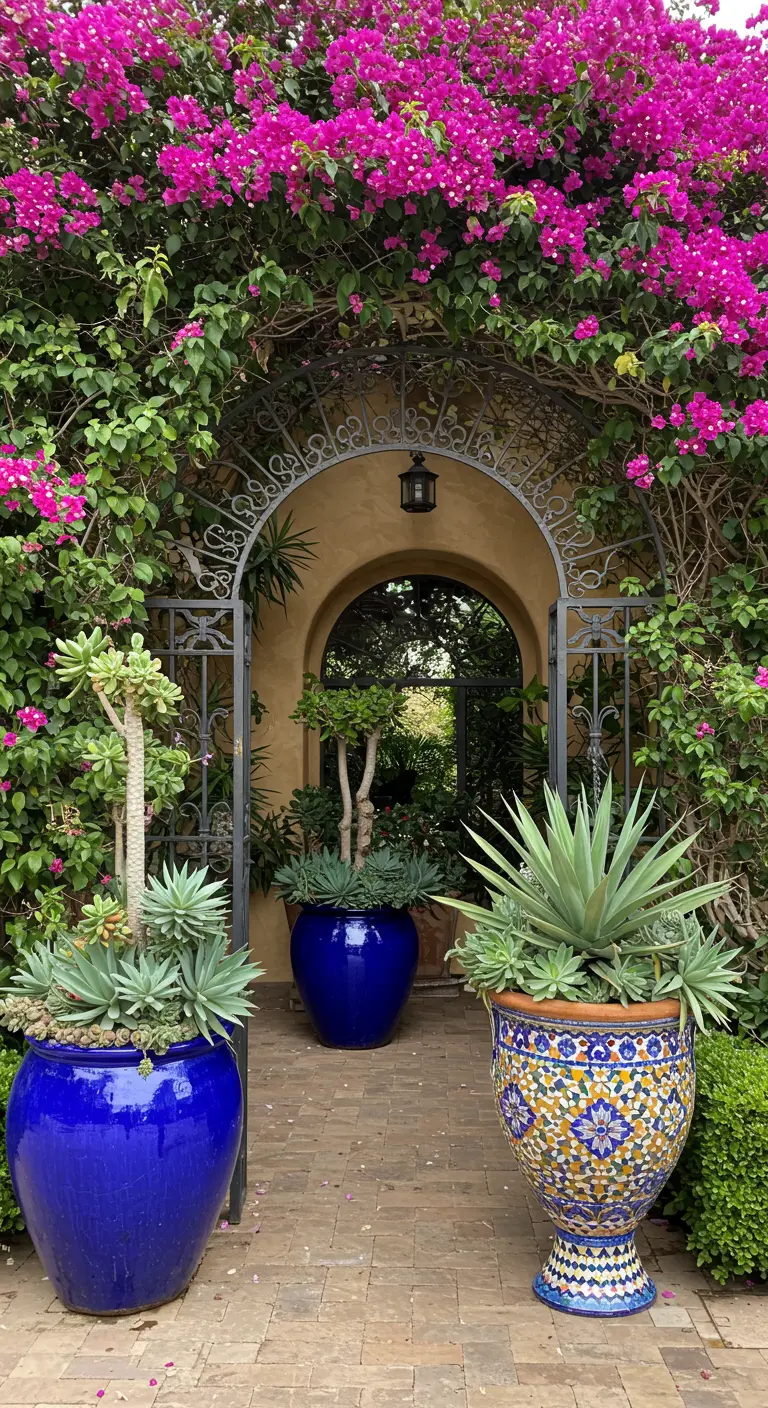 Arche d'entrée avec portail en fer forgé, grands pots bleus et mosaïques encadrés de bougainvilliers.