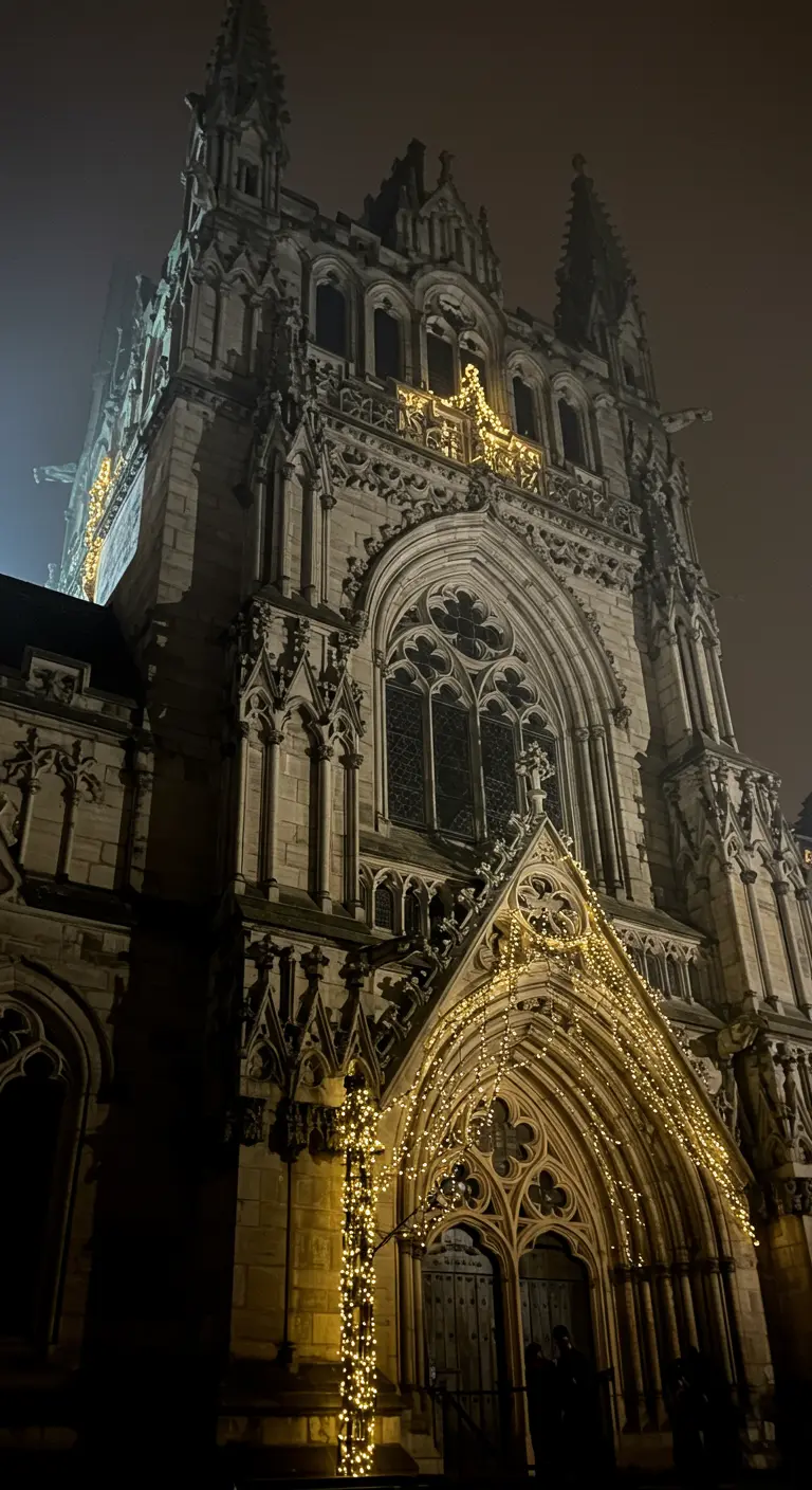 Cathédrale gothique illuminée par des guirlandes lumineuses denses autour de l'entrée.