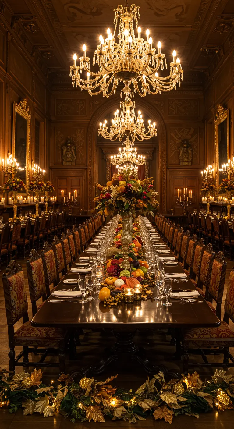 Grande salle à manger avec table de banquet opulente, lustres et décorations automnales.